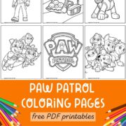 Grid of 9 Paw Patrol coloring pages free PDF printables featuring Ryder, Chase, Rubble, and the full team.