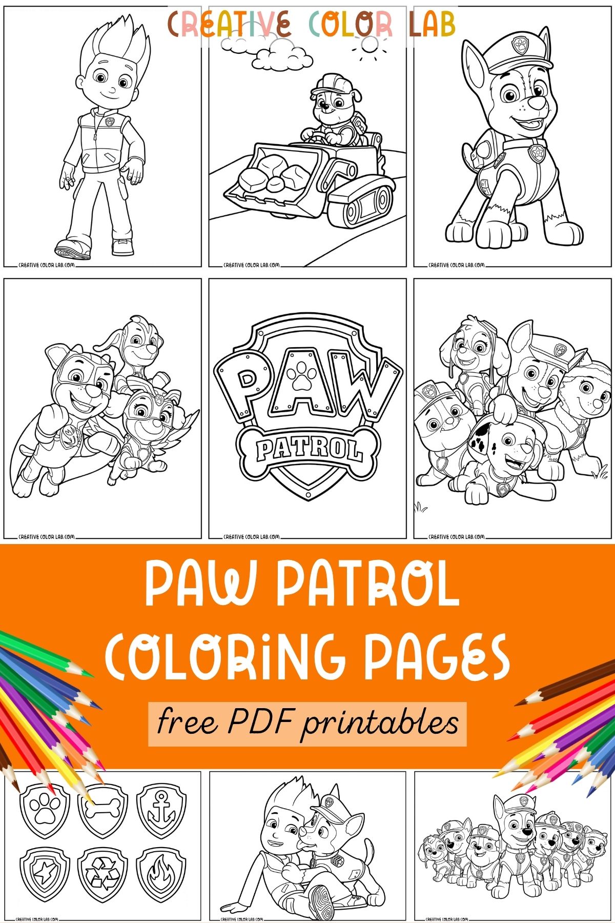 Grid of 9 Paw Patrol coloring pages free PDF printables featuring Ryder, Chase, Rubble, and the full team.