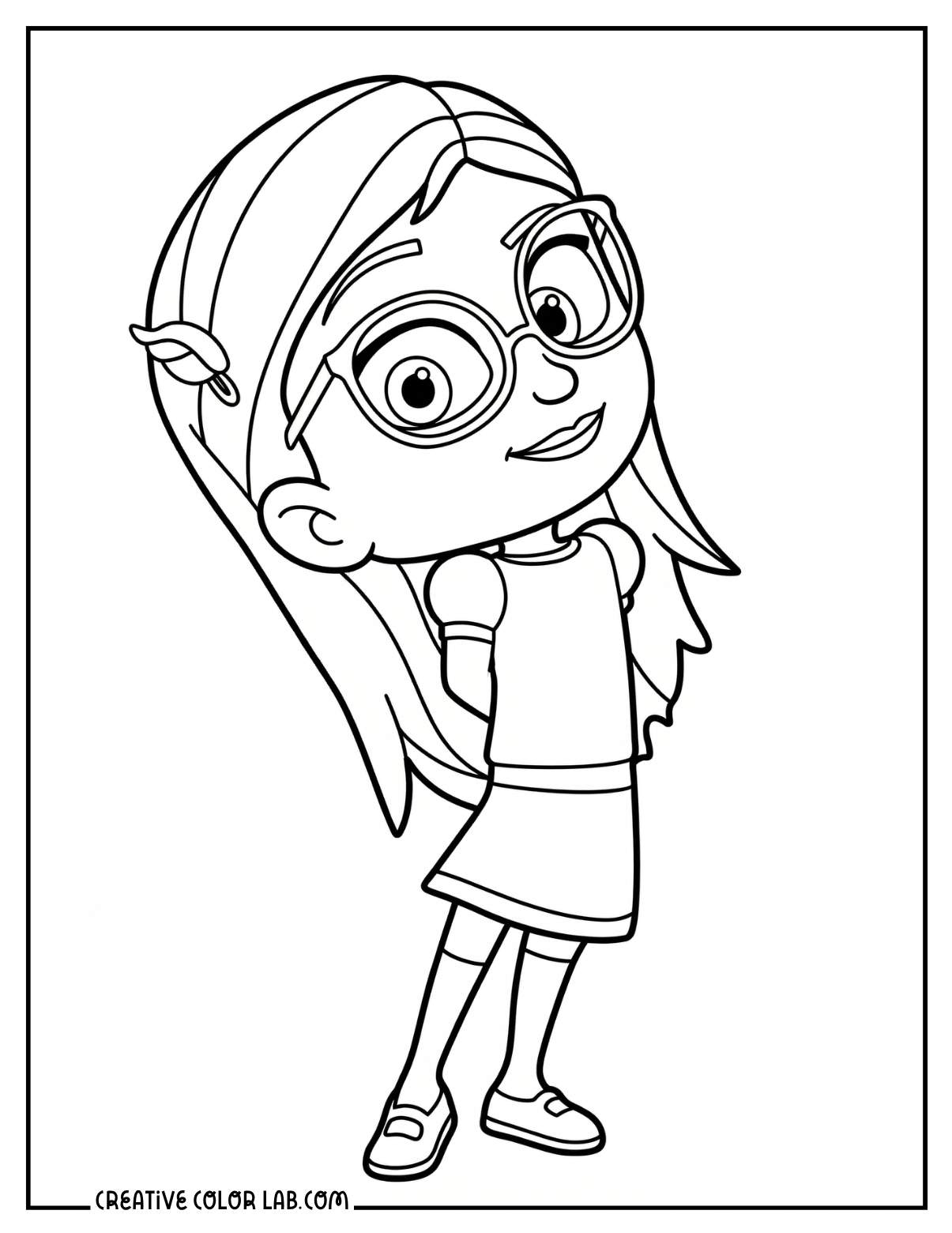 Amaya PJ Masks kids coloring sheet showing the girl in everyday clothes with glasses.