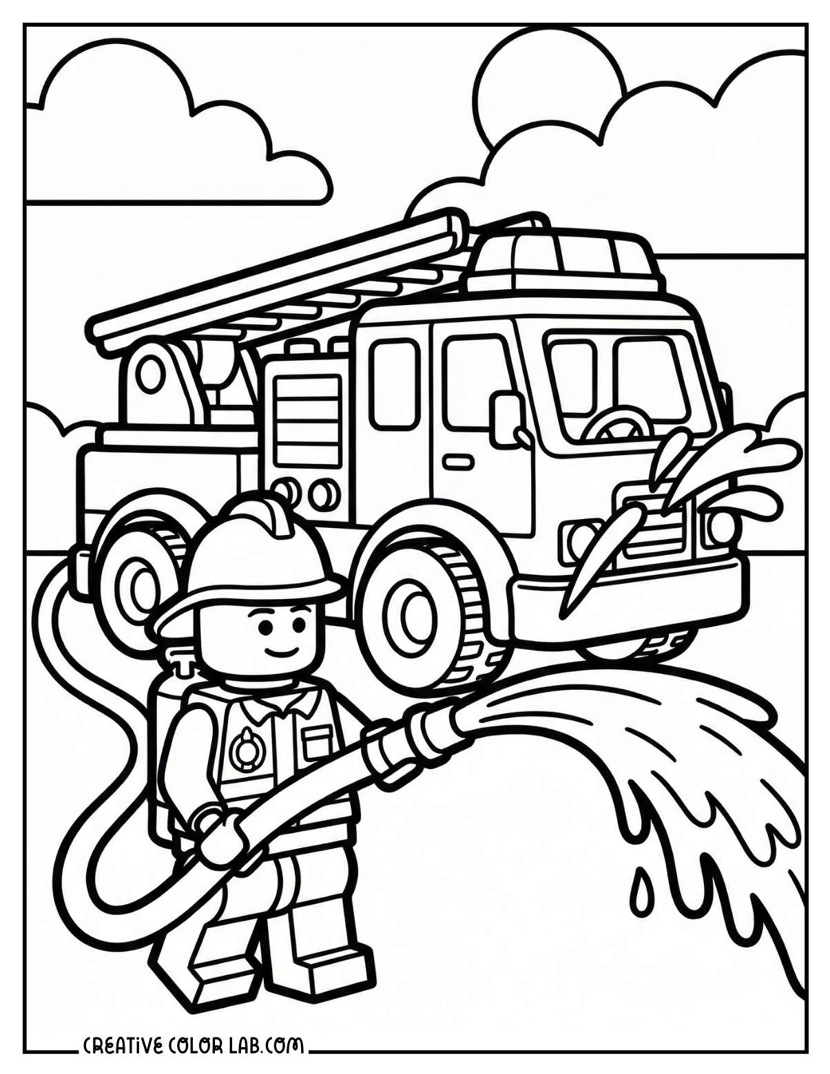 A firefighter lego holding a hose coloring sheet.