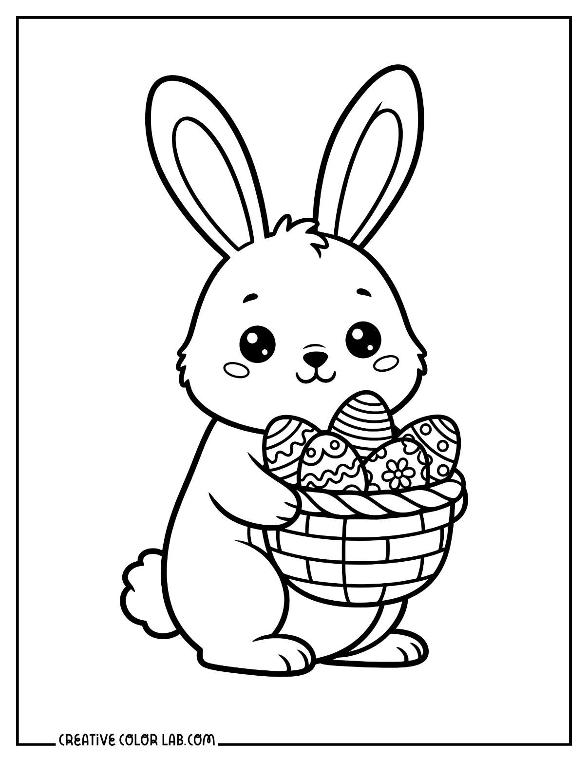 A kawaii bunny holding a basket full of easter eggs coloring page.