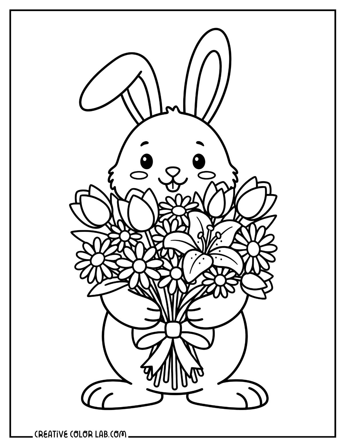 A bunny holding spring flowers image to color.