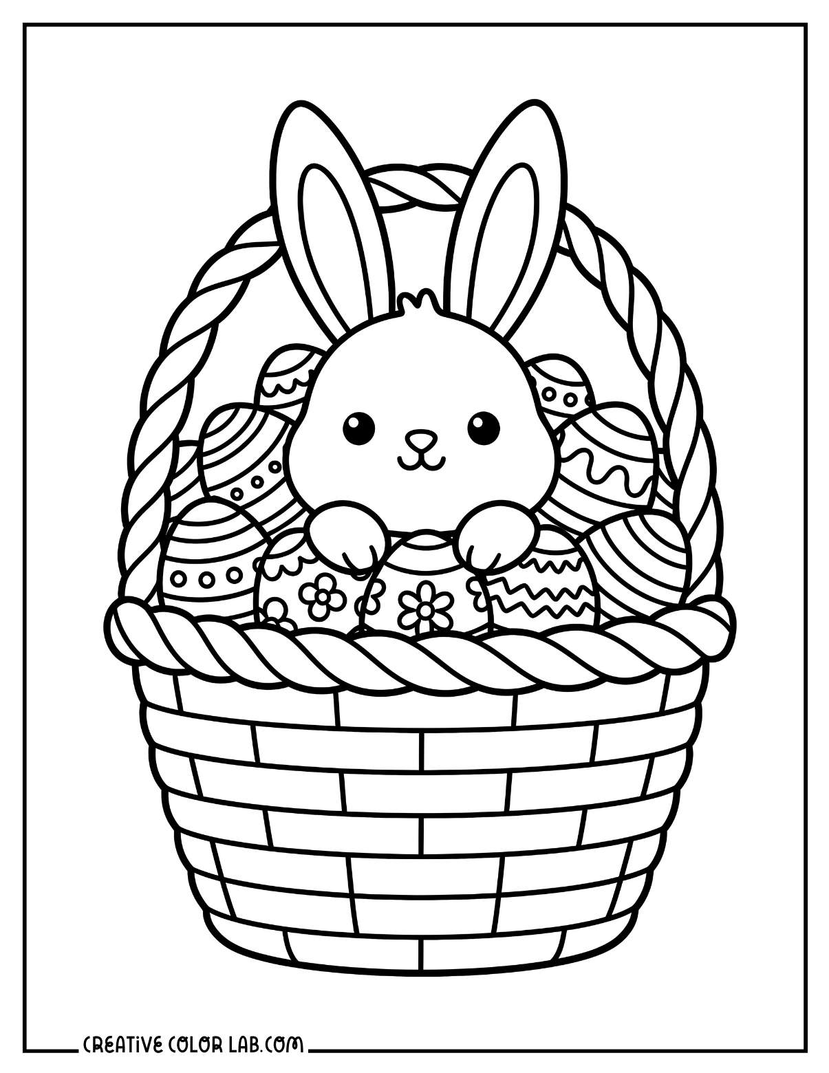 A bunny in an easter basket coloring page.