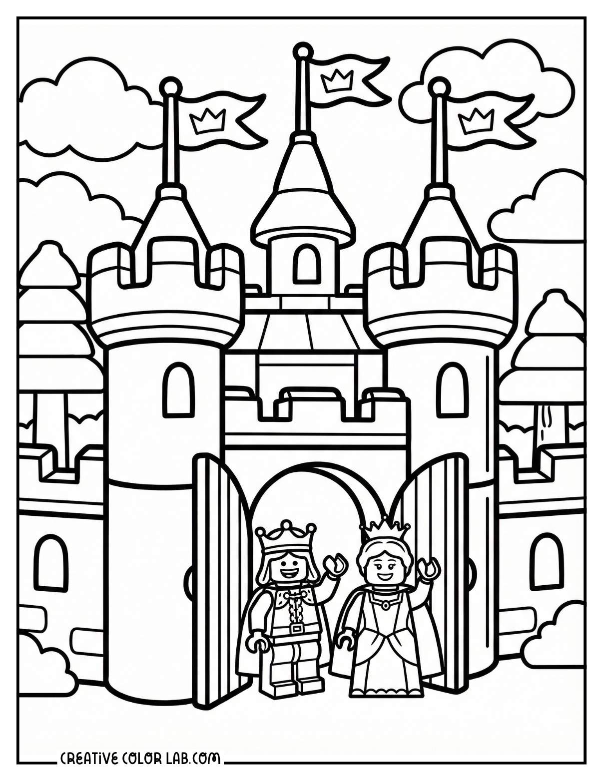 A king and queen lego with a castle coloring page.