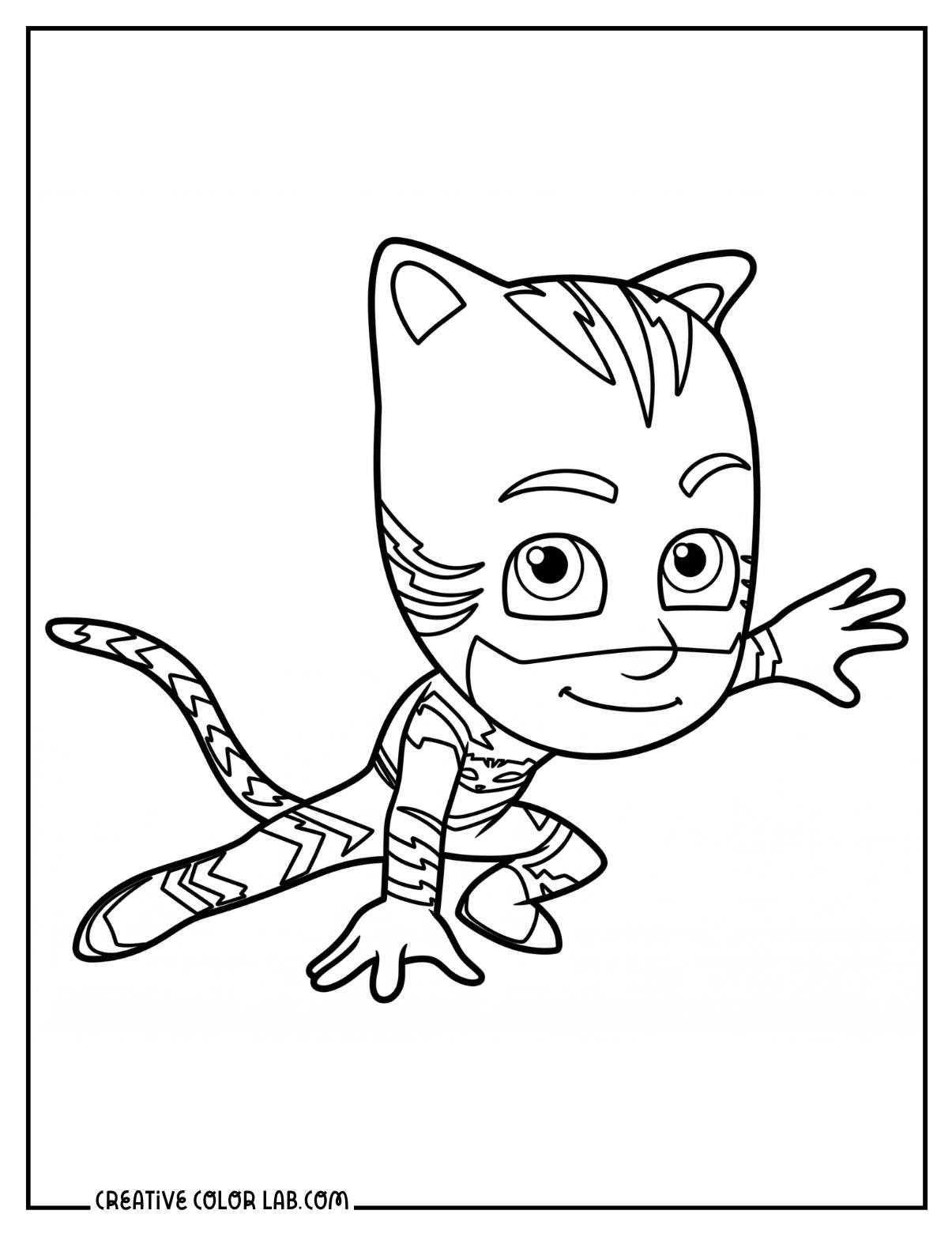 Catboy from PJ Masks hero stance coloring sheet in a crouching pose with tail and cat suit.