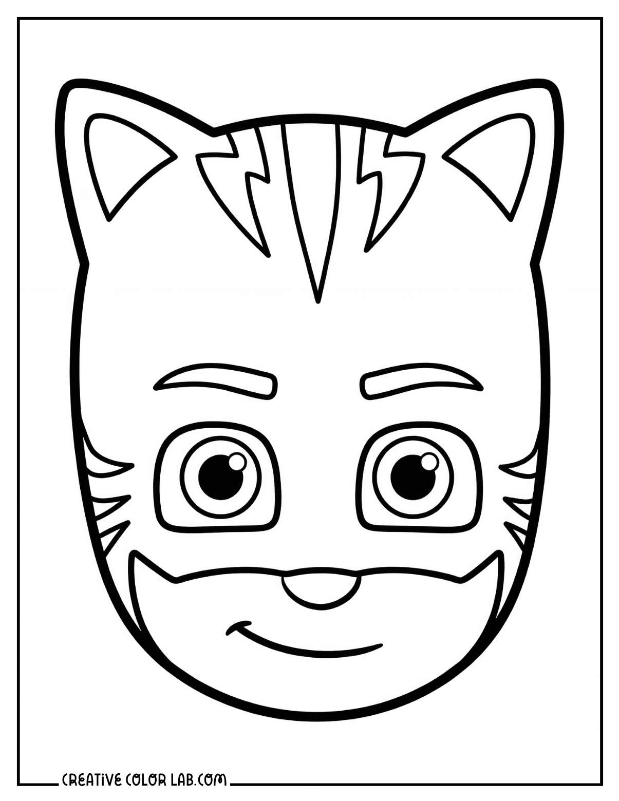 Catboy mask face picture to color from PJ Masks with cat ears and lightning bolt design.