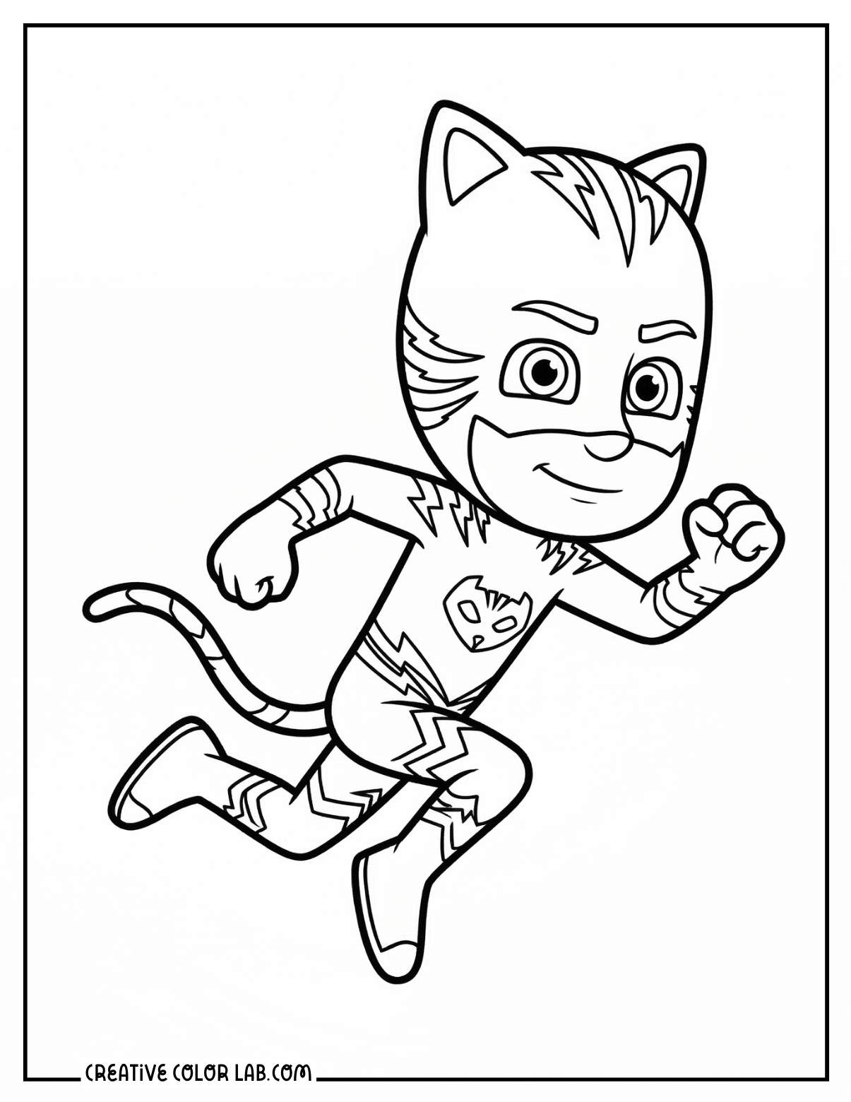 Catboy from PJ Masks coloring sheet in a running action pose with cat suit and tail.