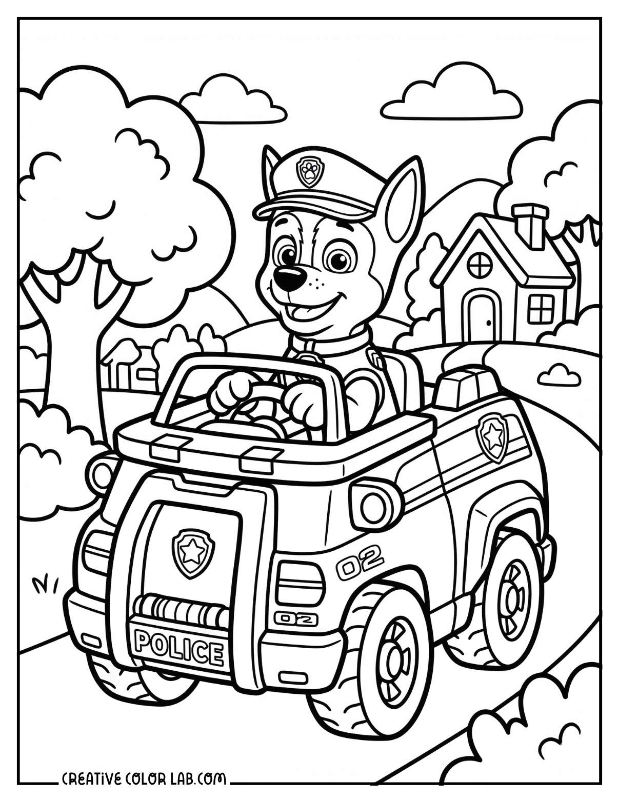 Chase the police pup driving his police truck in a Paw Patrol coloring page.