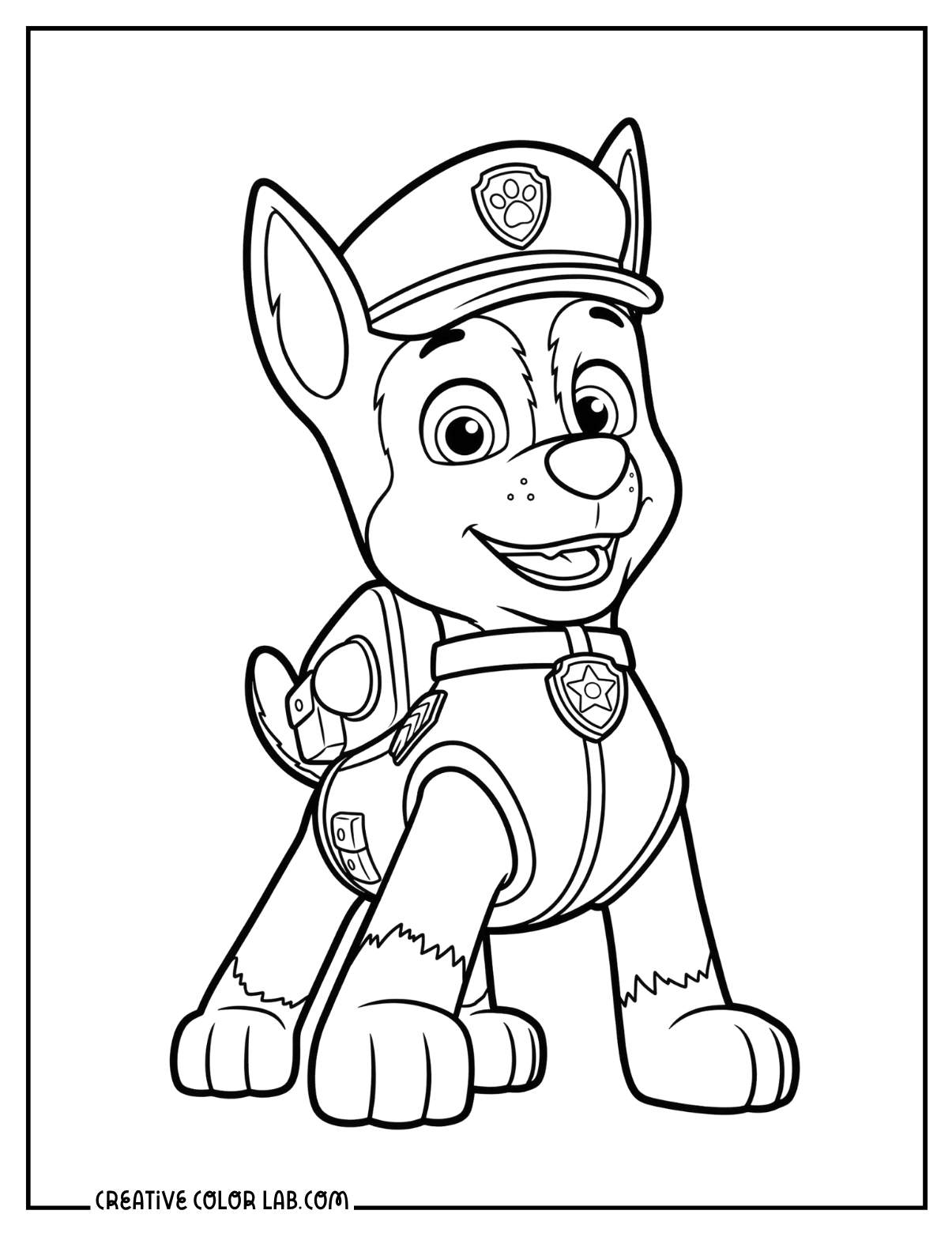 Chase from Paw Patrol, the police German Shepherd puppy, shown as a close-up portrait coloring page wearing his police cap with the Paw Patrol badge.