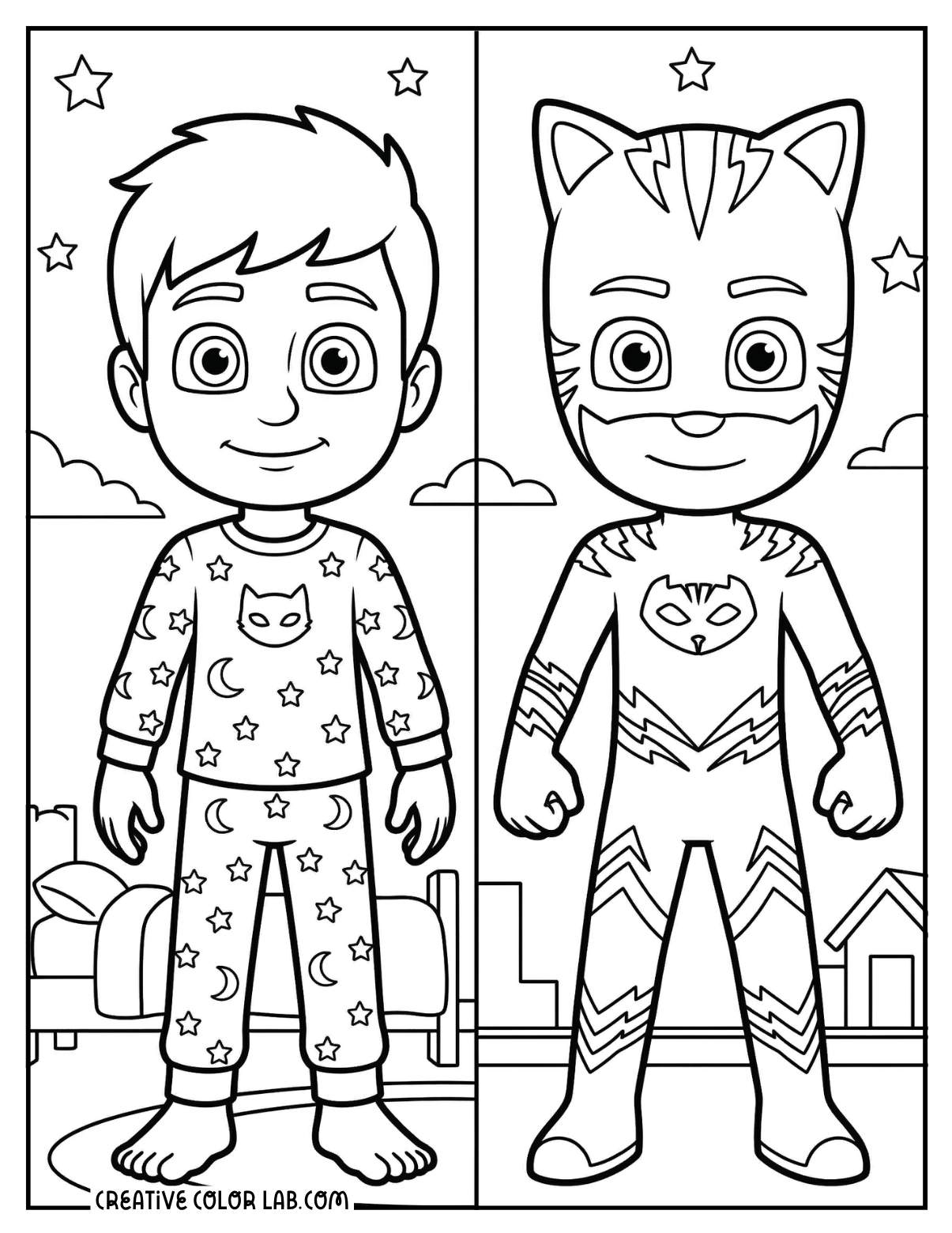 Connor transforming into Catboy coloring page showing both boy and superhero mask panels.