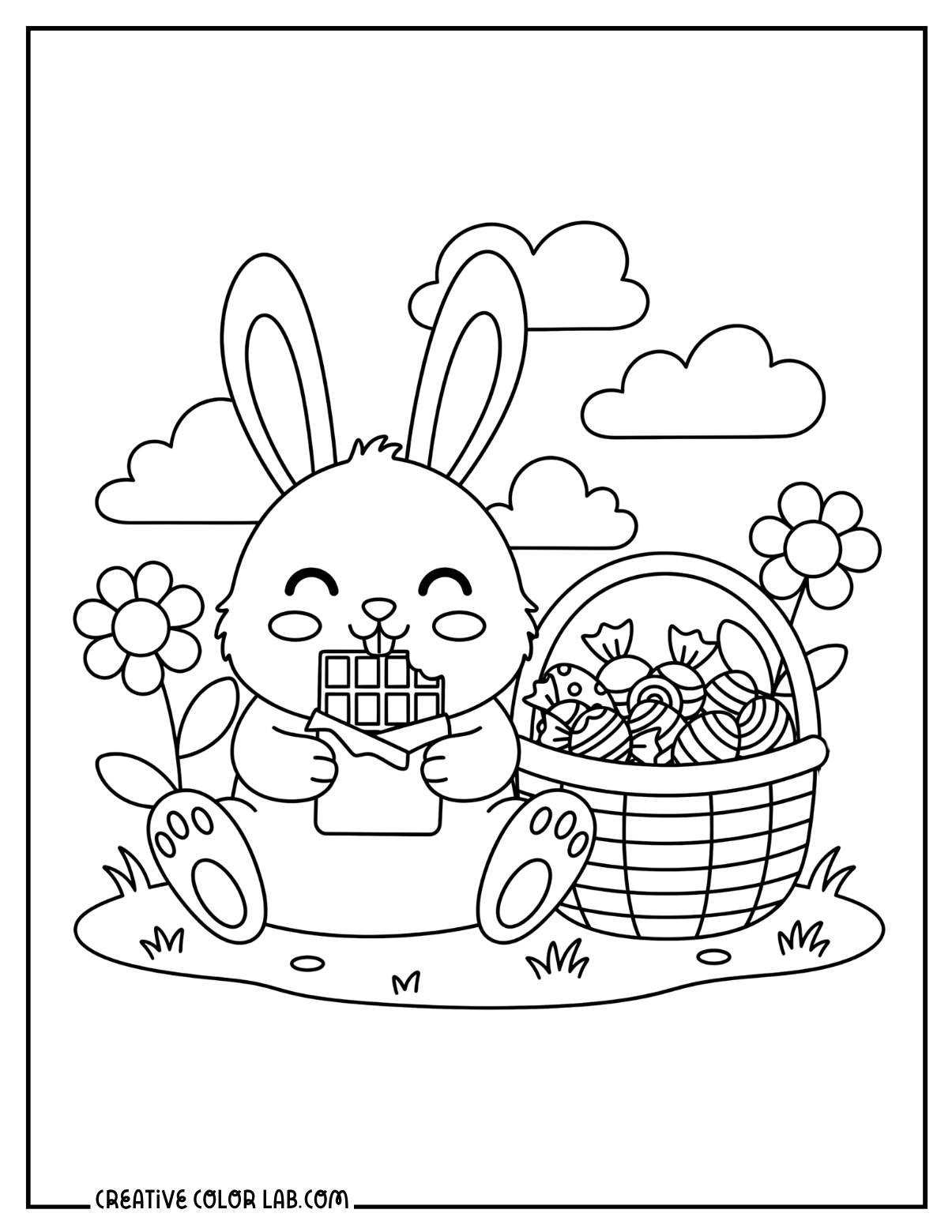 A kawaii bunny eating chocolate coloring page.