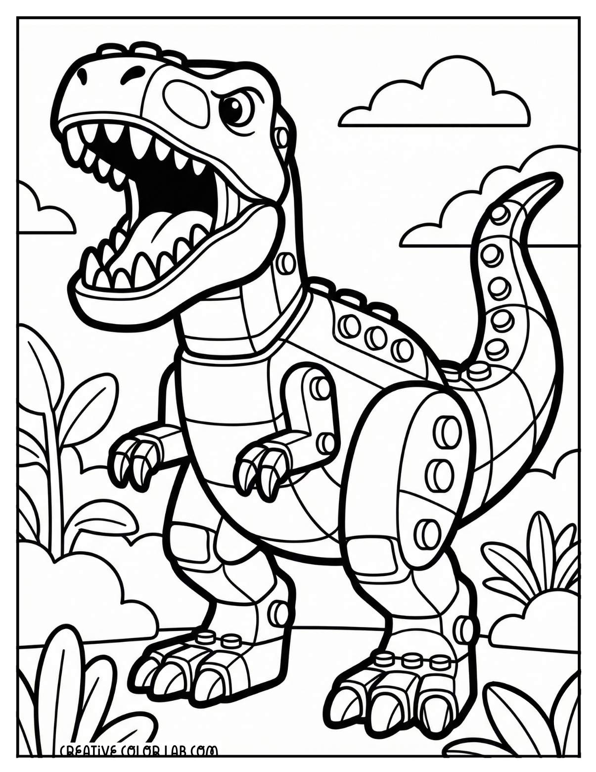 A dinosaur t-rex lego coloring page.