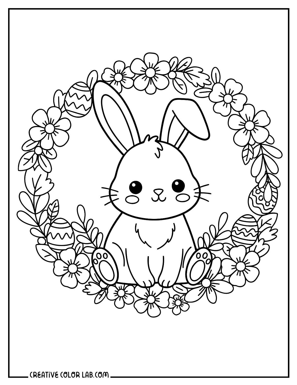 An easter bunny with floral wreath printable picture to color in.