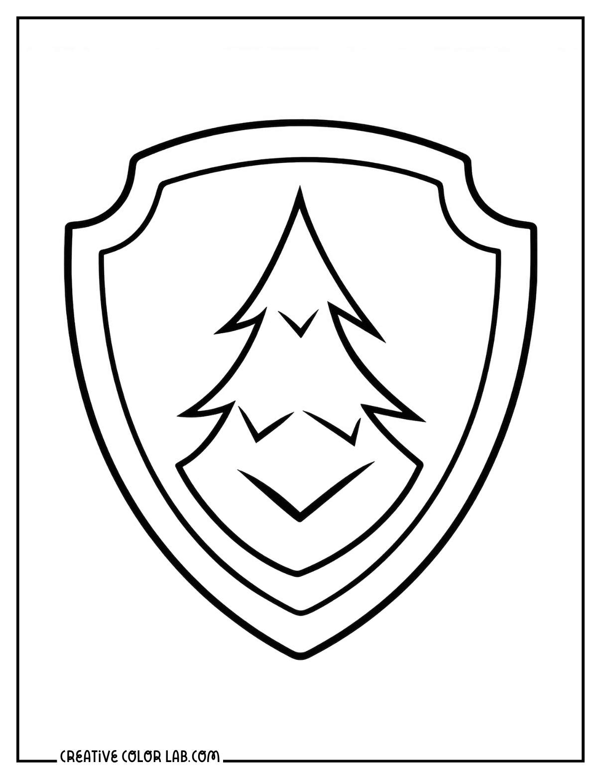 Everest's snow rescue badge shield with pine tree icon line art coloring page.
