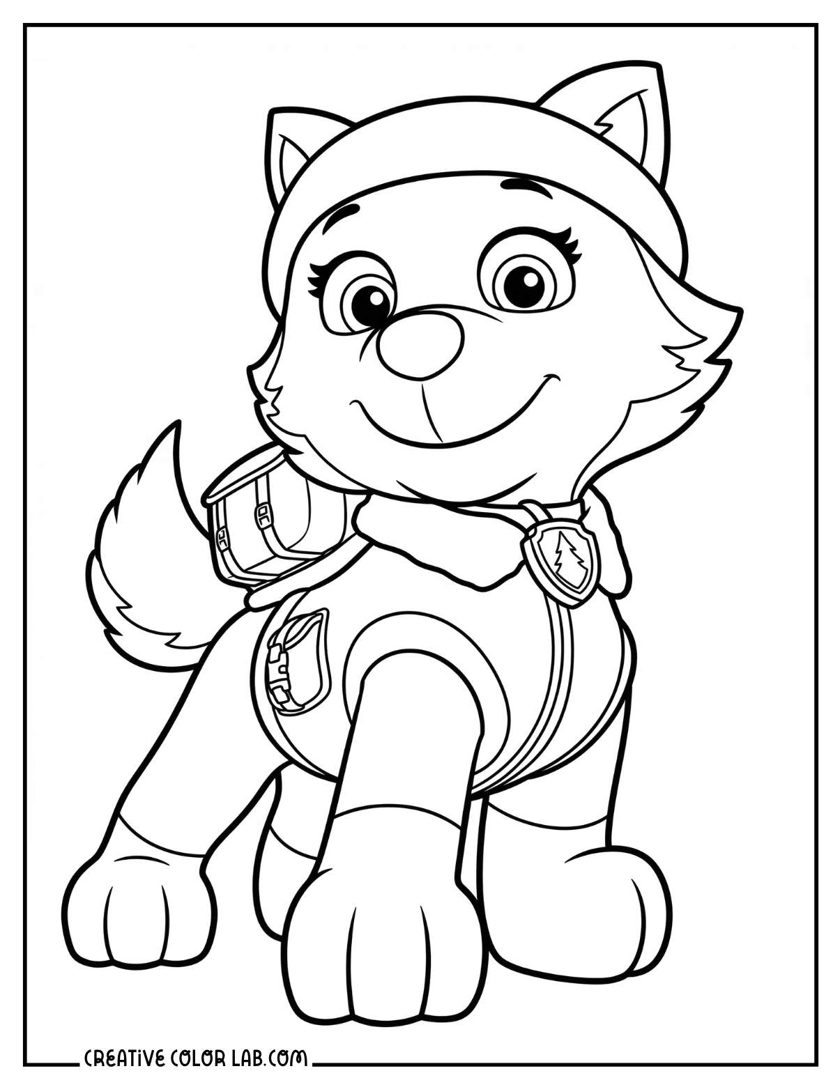 Everest the snow rescue husky pup with tree badge coloring page.