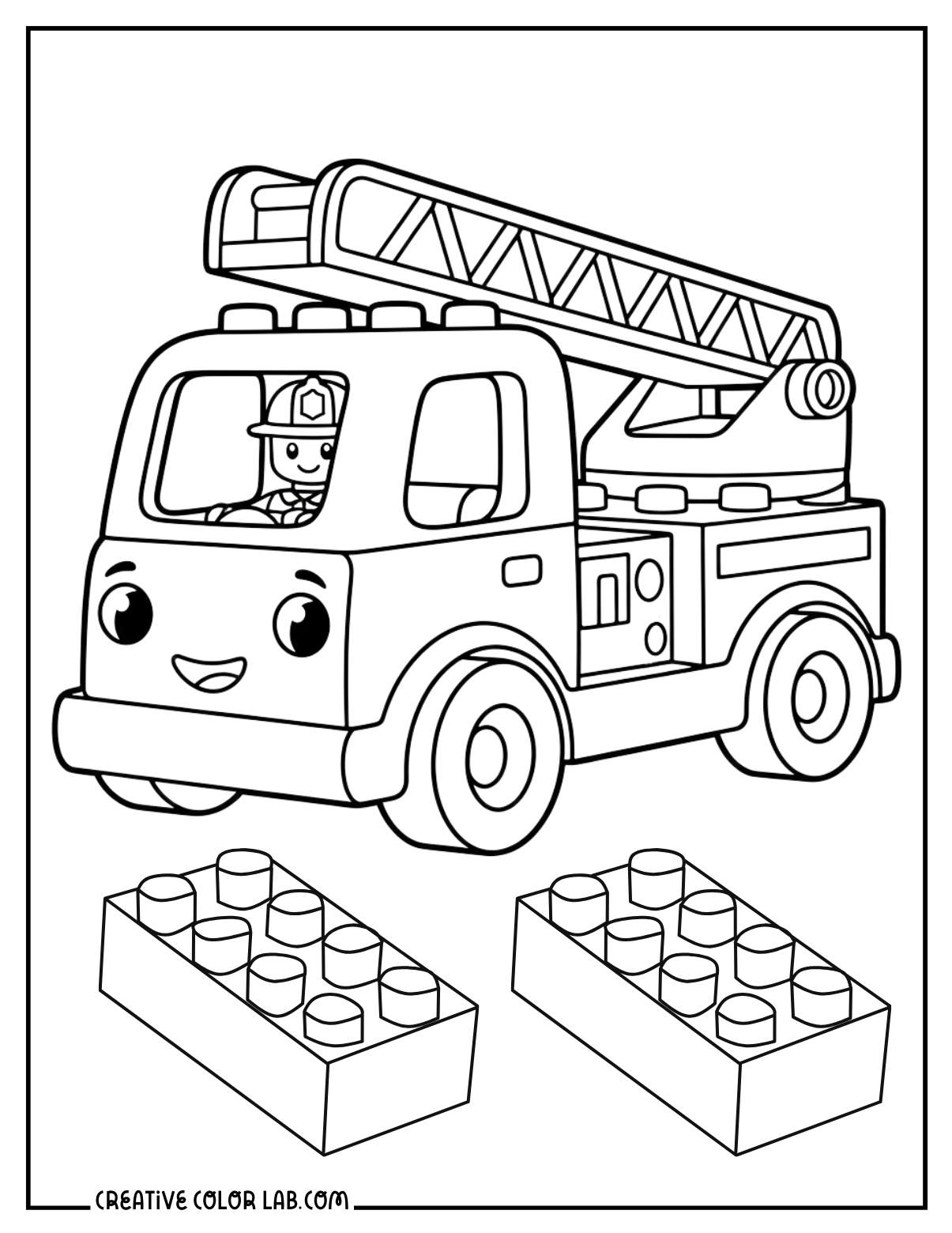 A fire truck Lego coloring sheet for kids.