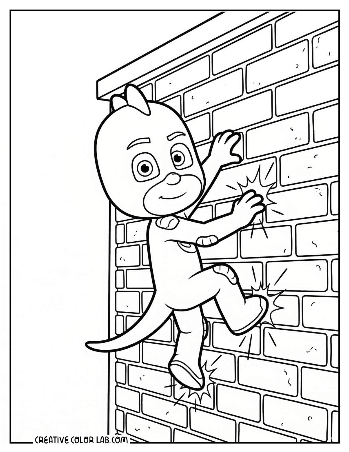 Gekko from PJ Masks coloring sheet climbing up a brick wall.