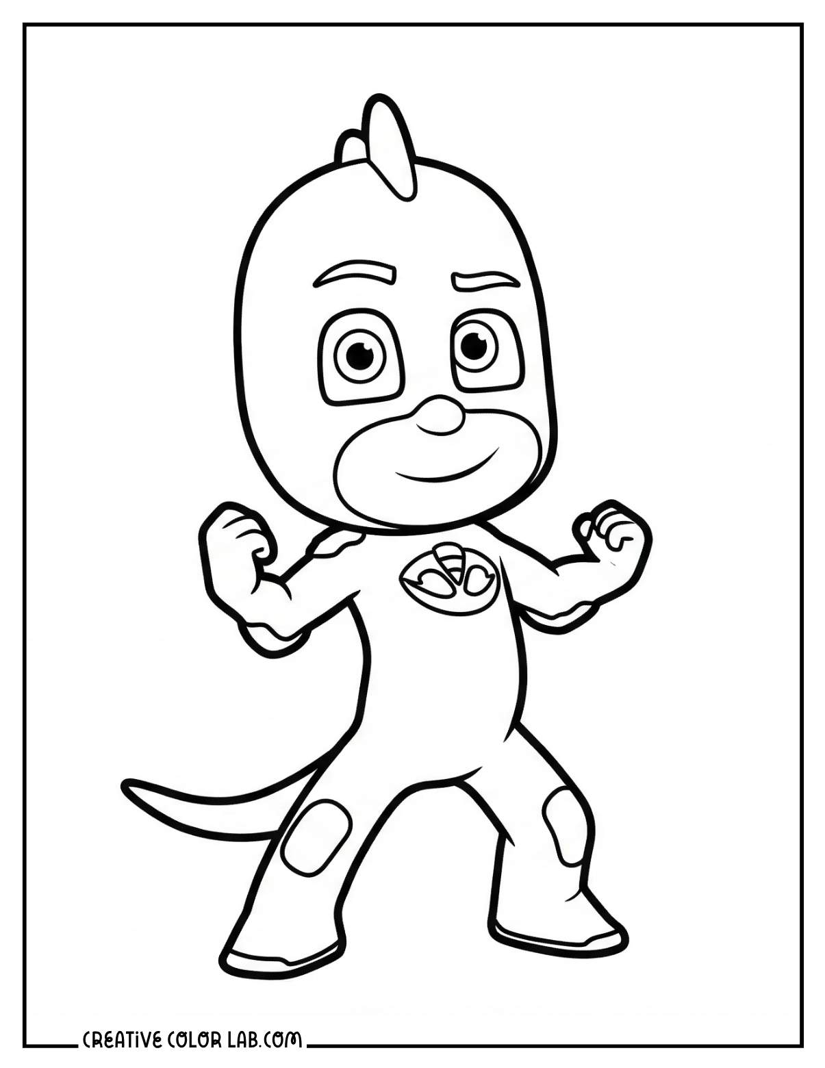 Gekko from PJ Masks coloring page in a strong hero pose with confident expression.