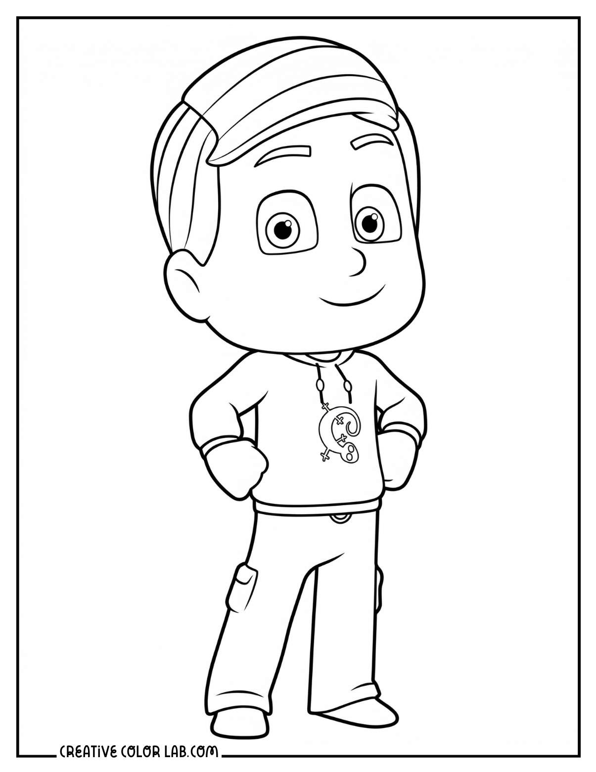 Greg from PJ Masks coloring page, a young boy in casual clothes.