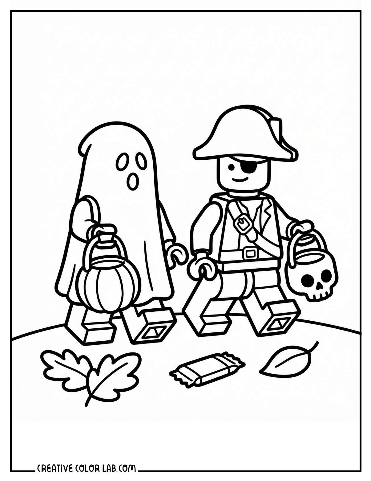A Halloween ghost and pirate lego image to color.