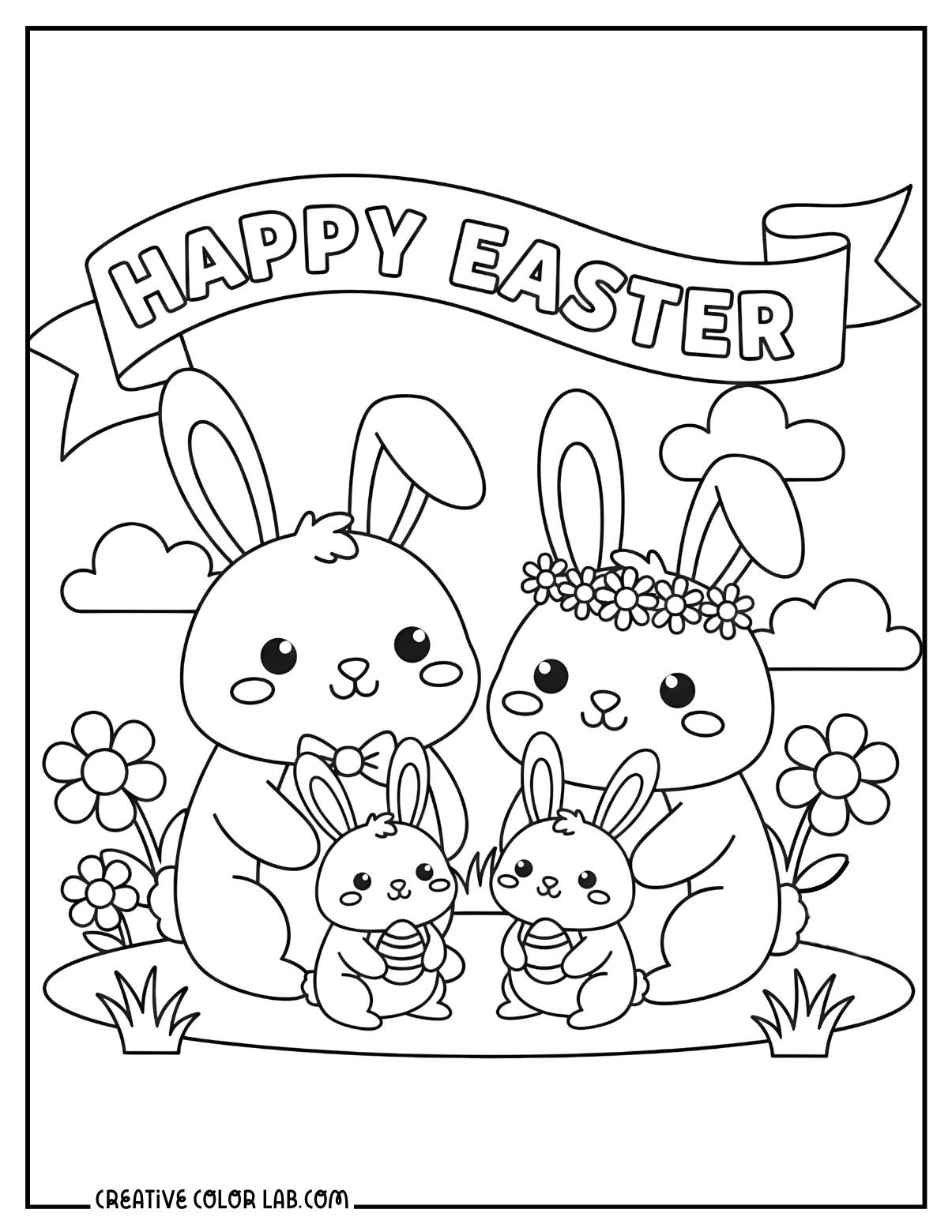 A bunny family with a "Happy Easter" banner coloring picture.