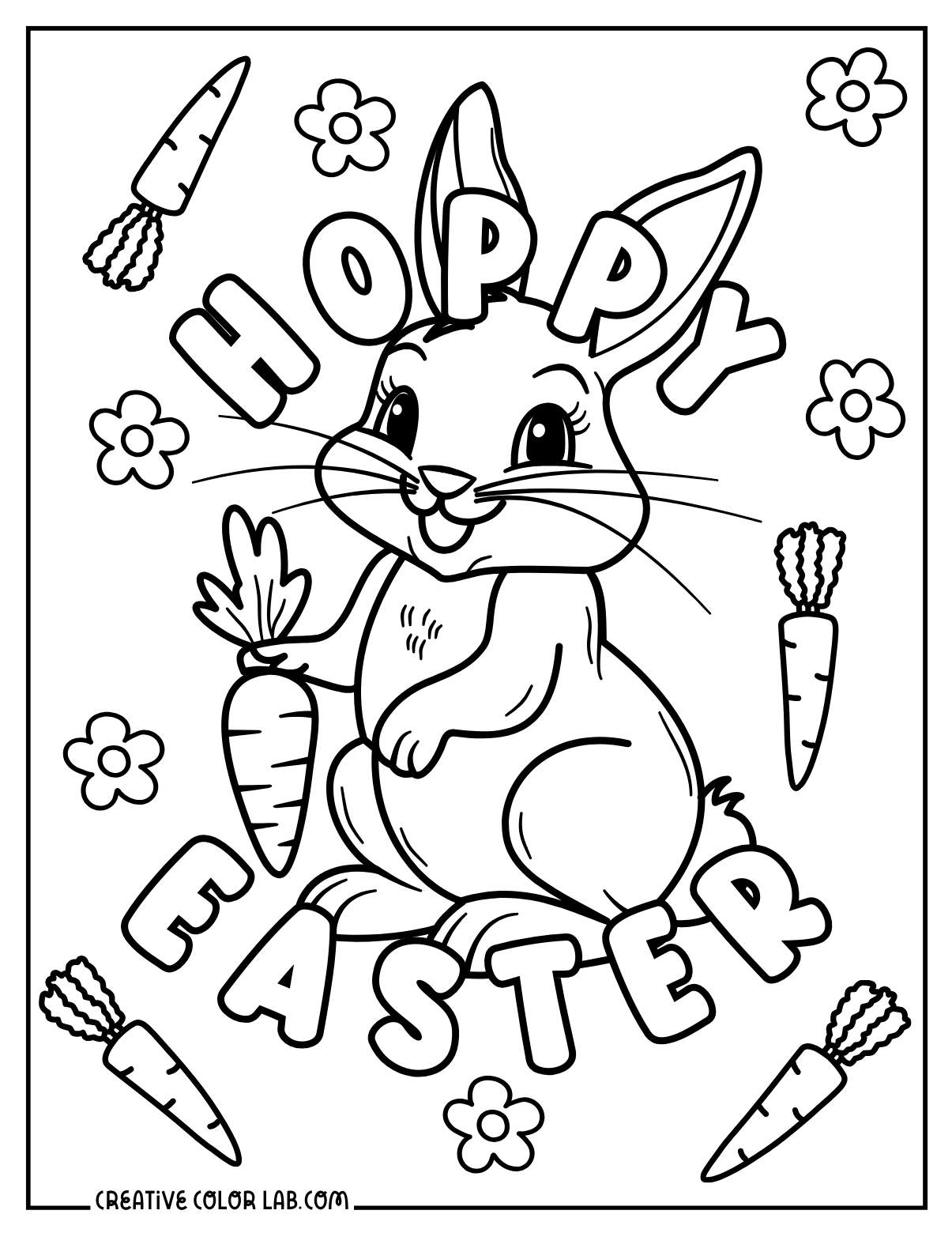 A "Hoppy Easter" bunny with carrots coloring sheet.