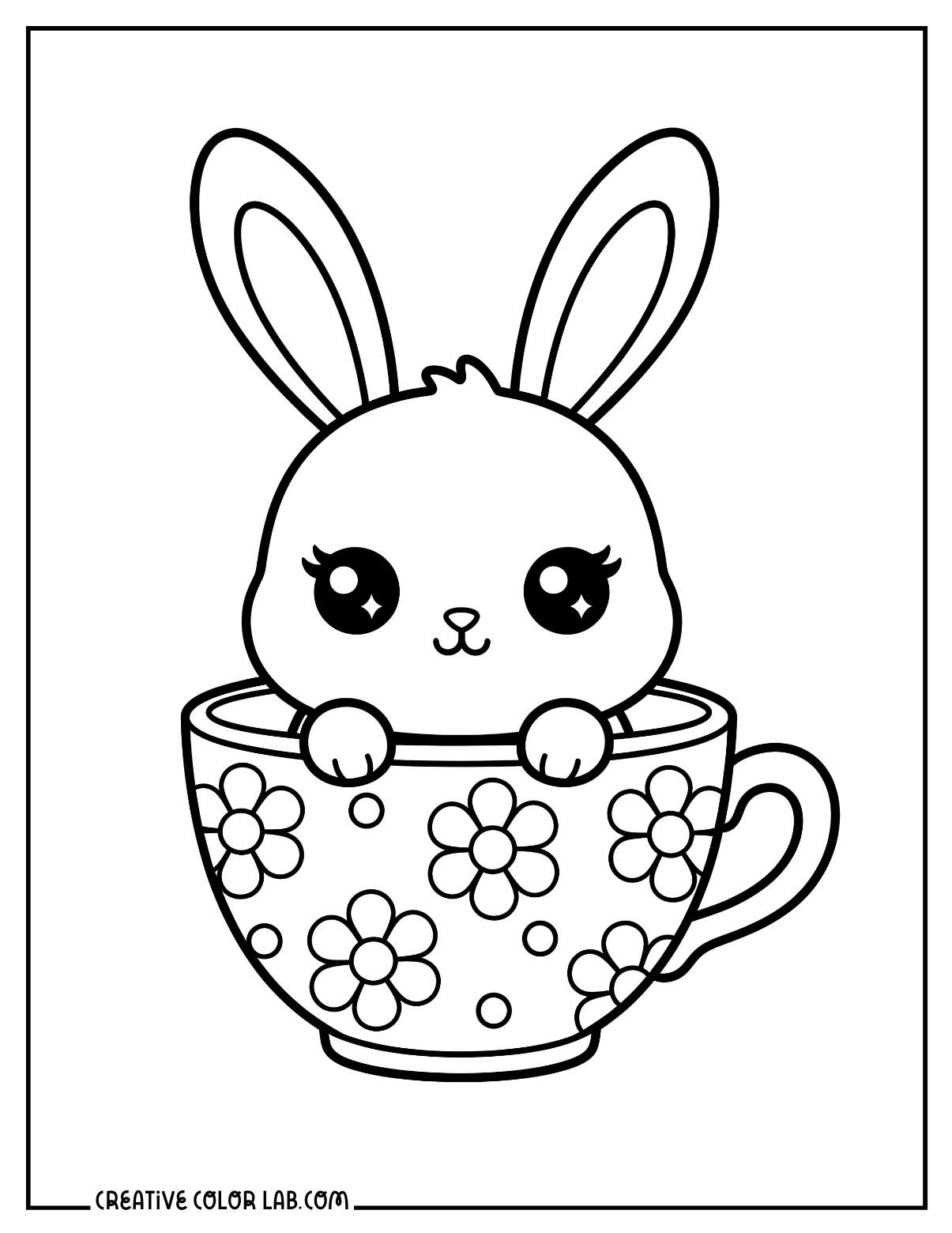 Kawaii baby bunny in a teacup coloring sheet for kids.