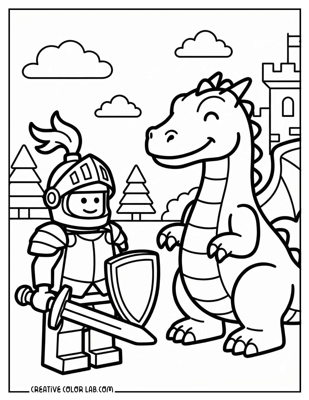 A knight and a dragon lego picture to color.