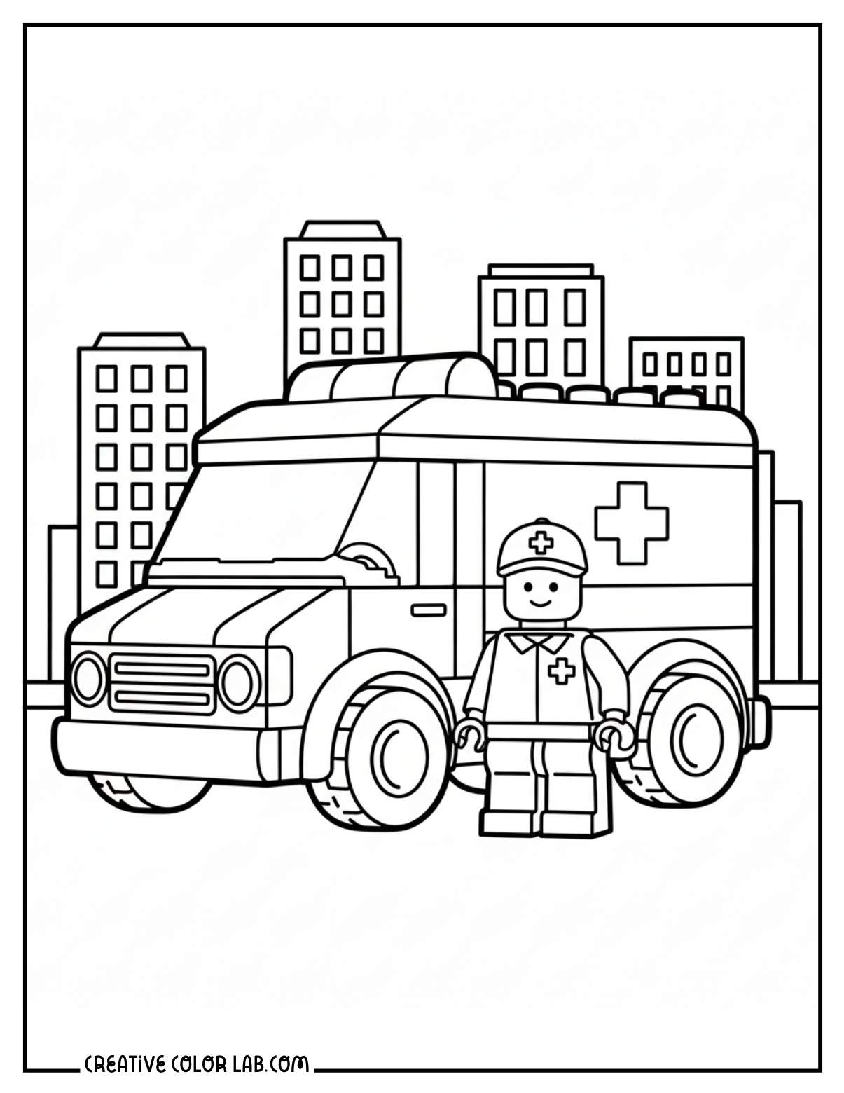 A lego ambulance in the city coloring sheet for kids.