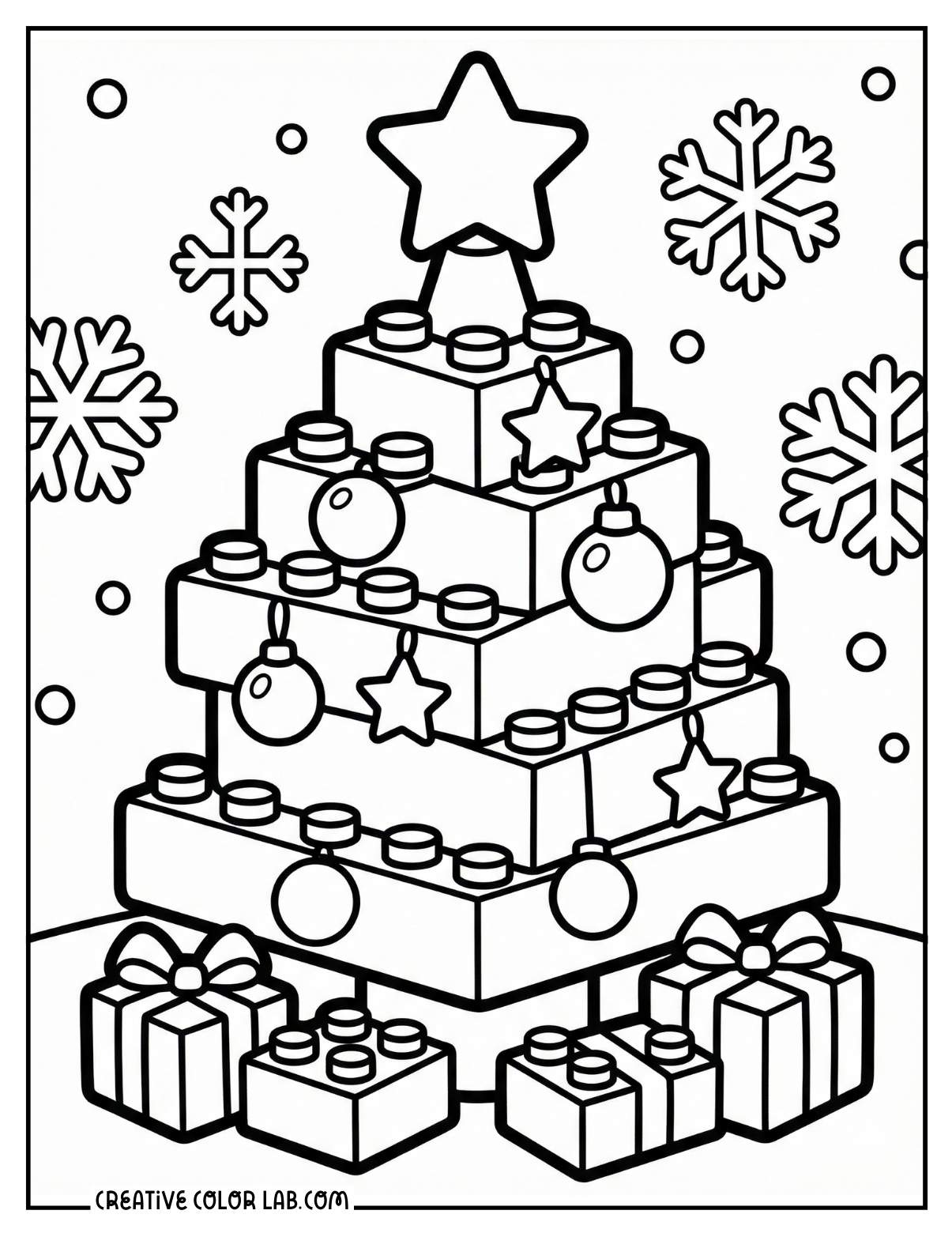A Lego Christmas tree coloring page.