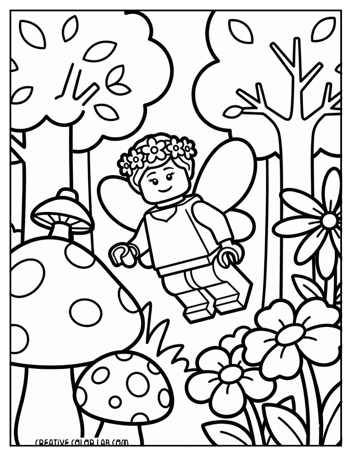 A Lego fairy in the forest line art to color in.