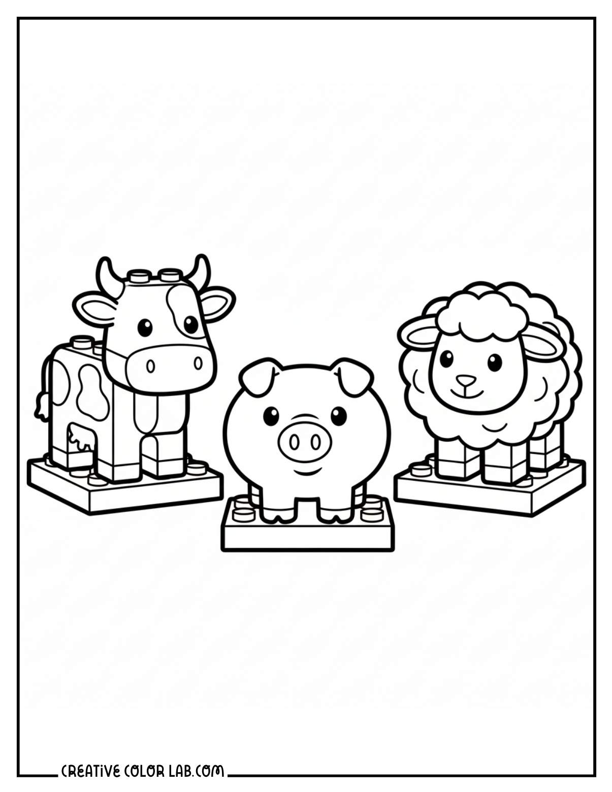 Kawaii Lego farm animals, a cow, pig, and goat coloring page.