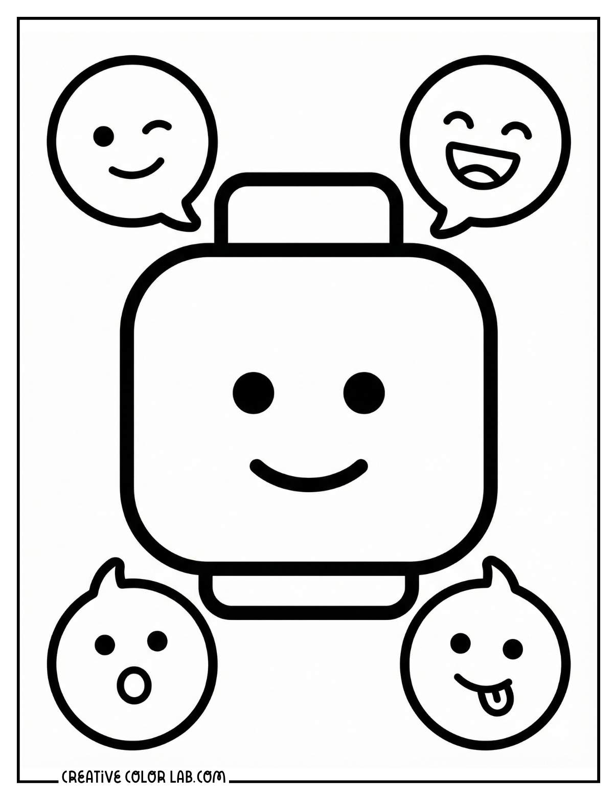 A Lego face with emotions emoji line art to color in.