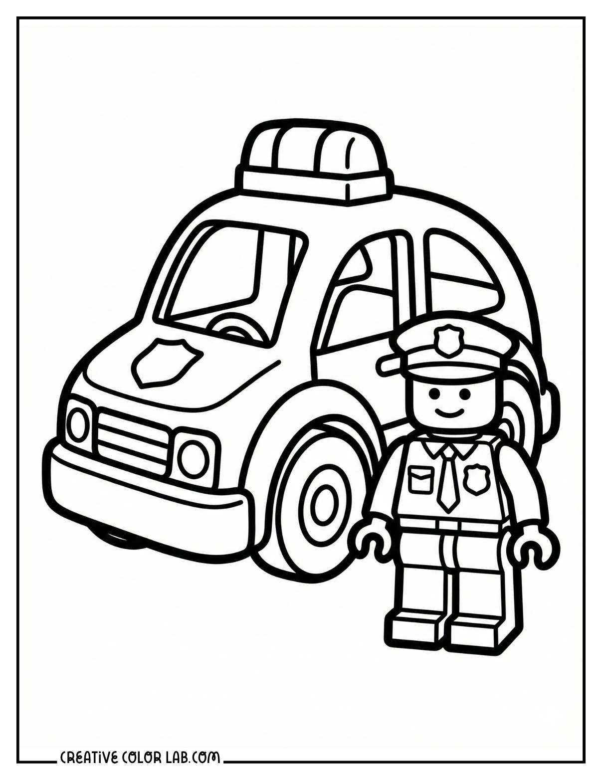 A Lego police officer and a car coloring page.
