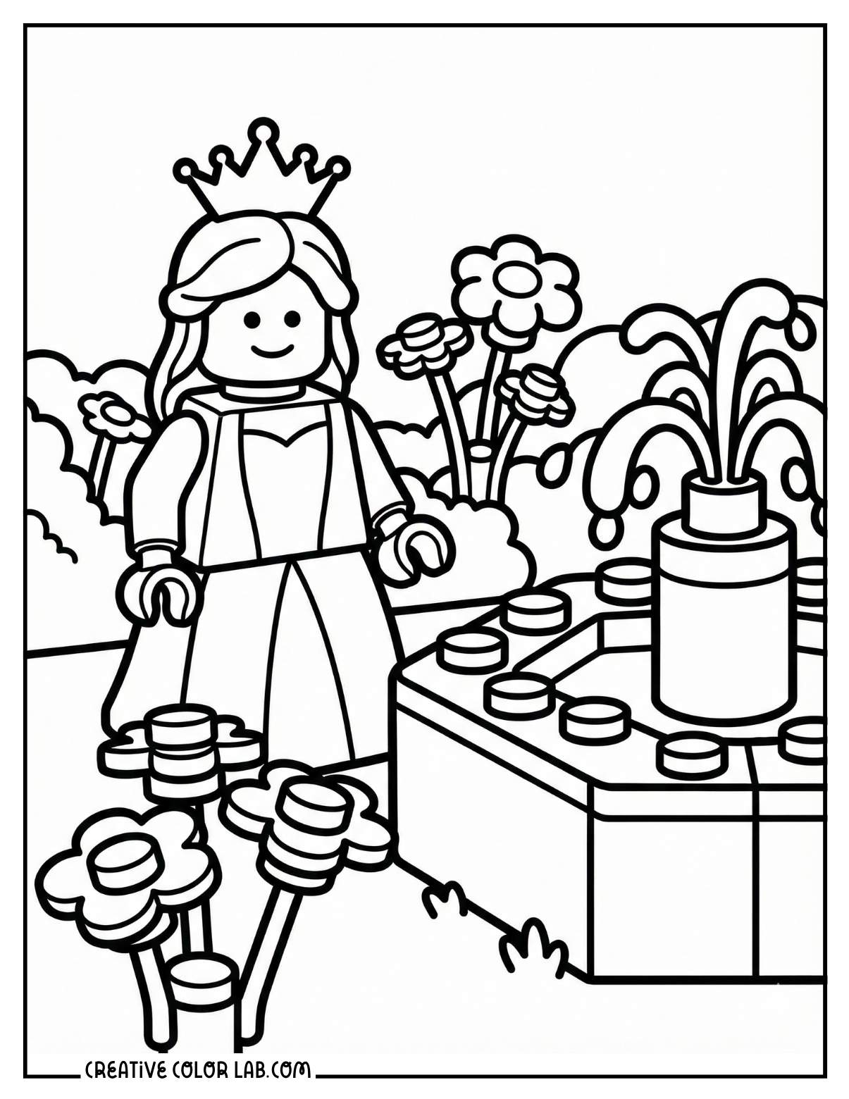 A Lego princess in the garden picture to color.