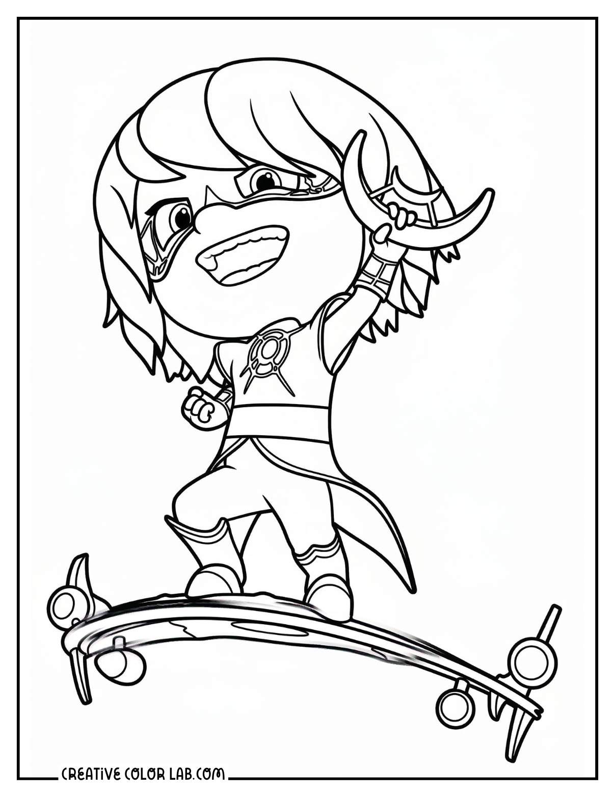 Luna Girl PJ Masks villain coloring page riding her flying moon board with arms raised.