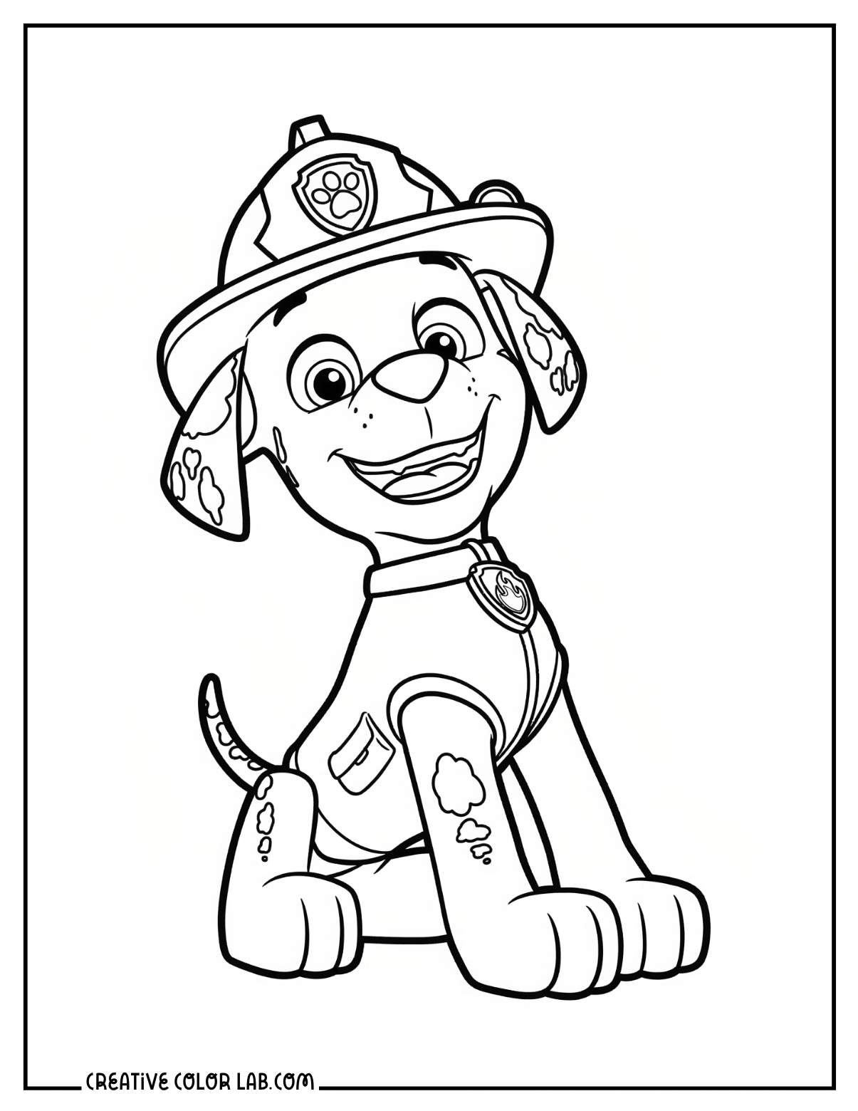 Marshall the Dalmatian firefighter pup in helmet coloring sheet.
