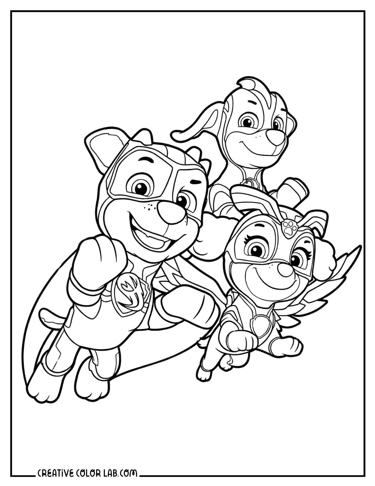 Mighty Pups superhero team flying in action Paw Patrol coloring page.