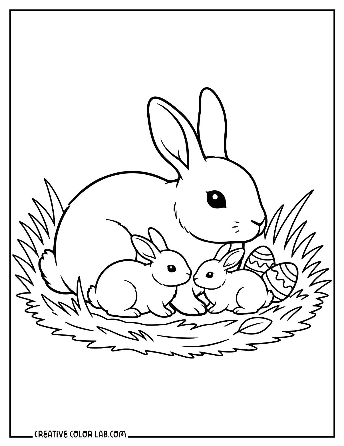 A realistic mother rabbit with her babies coloring page.