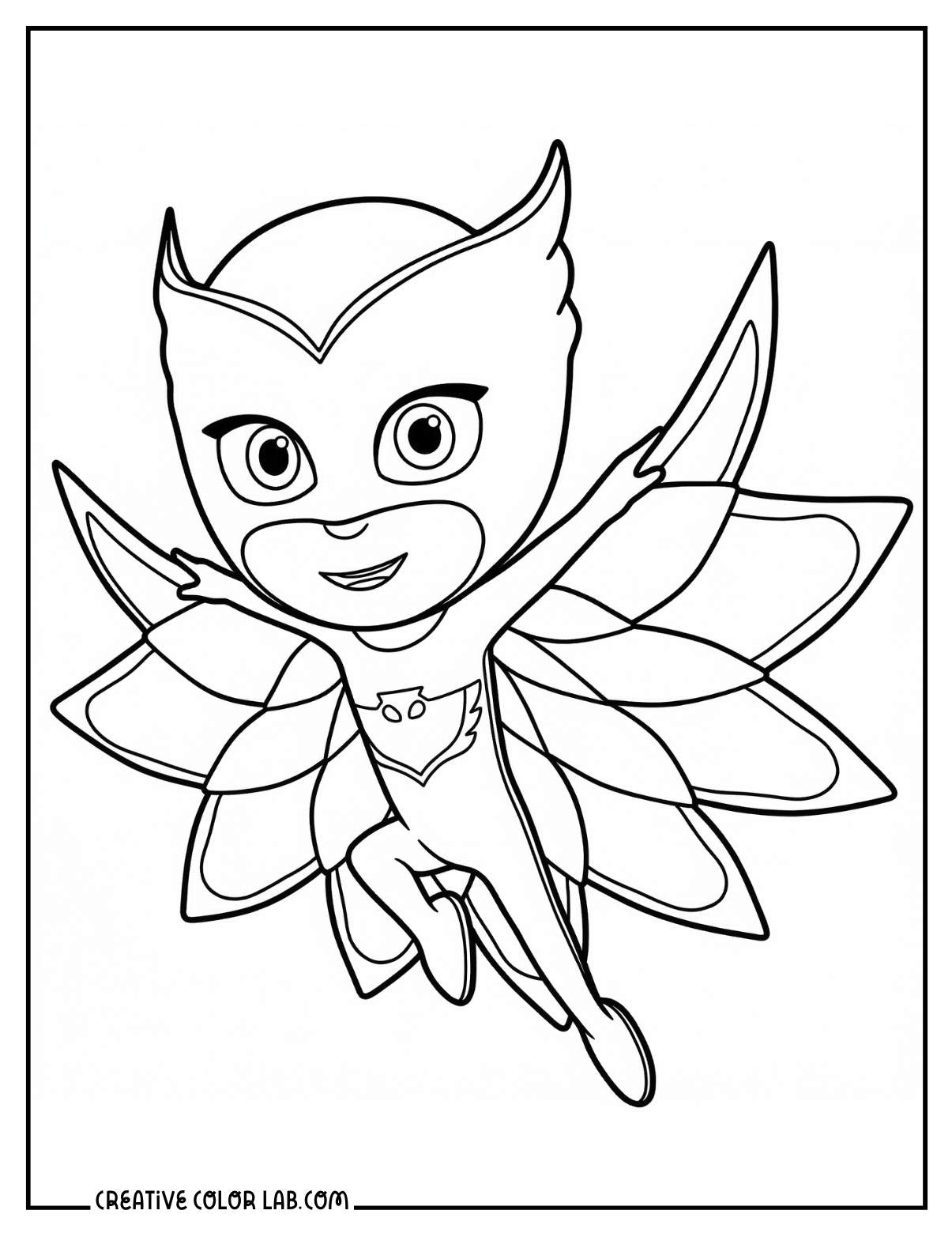 Owlette PJ Masks superhero coloring sheet with wings spread wide in heroic pose.
