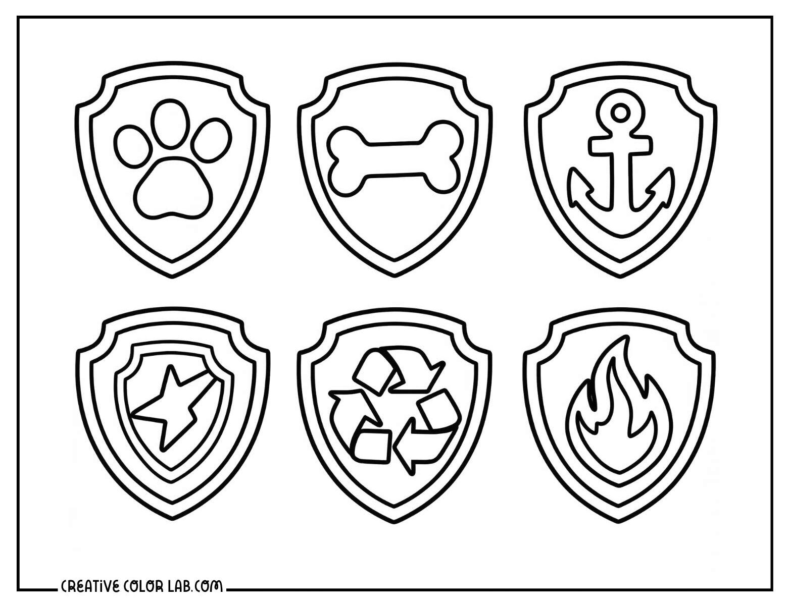 Set of six Paw Patrol pup badge shield icons coloring page.