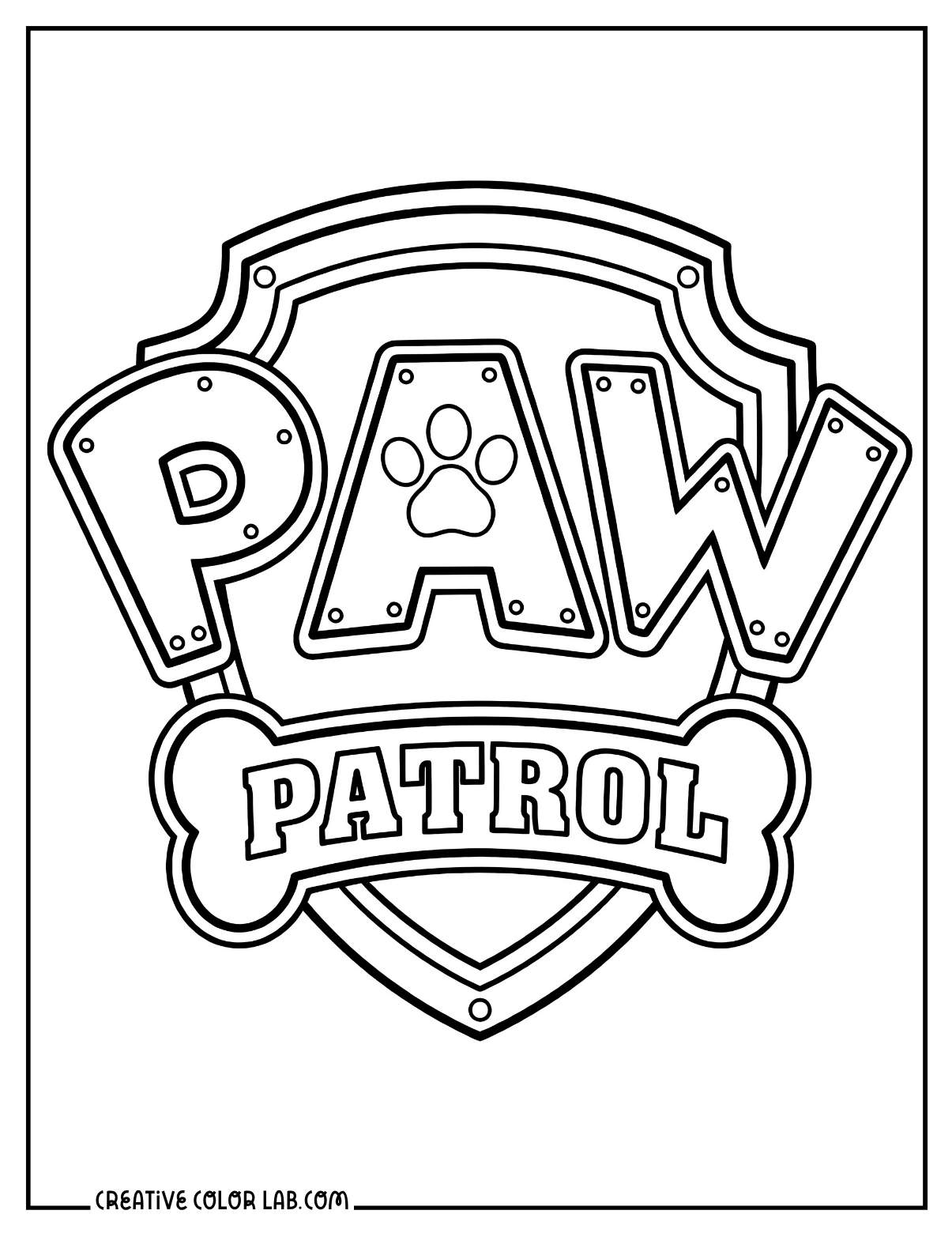 Paw Patrol logo badge with PAW PATROL text and paw print coloring page.