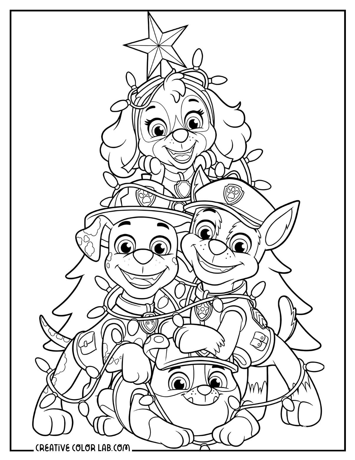 Skye, Marshall, and Chase with Christmas lights holiday Paw Patrol coloring page.