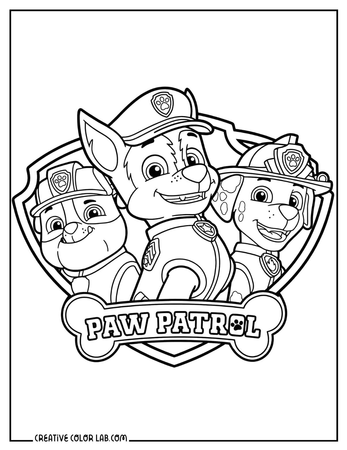 Rubble, Chase, and Marshall inside the Paw Patrol logo badge coloring page.