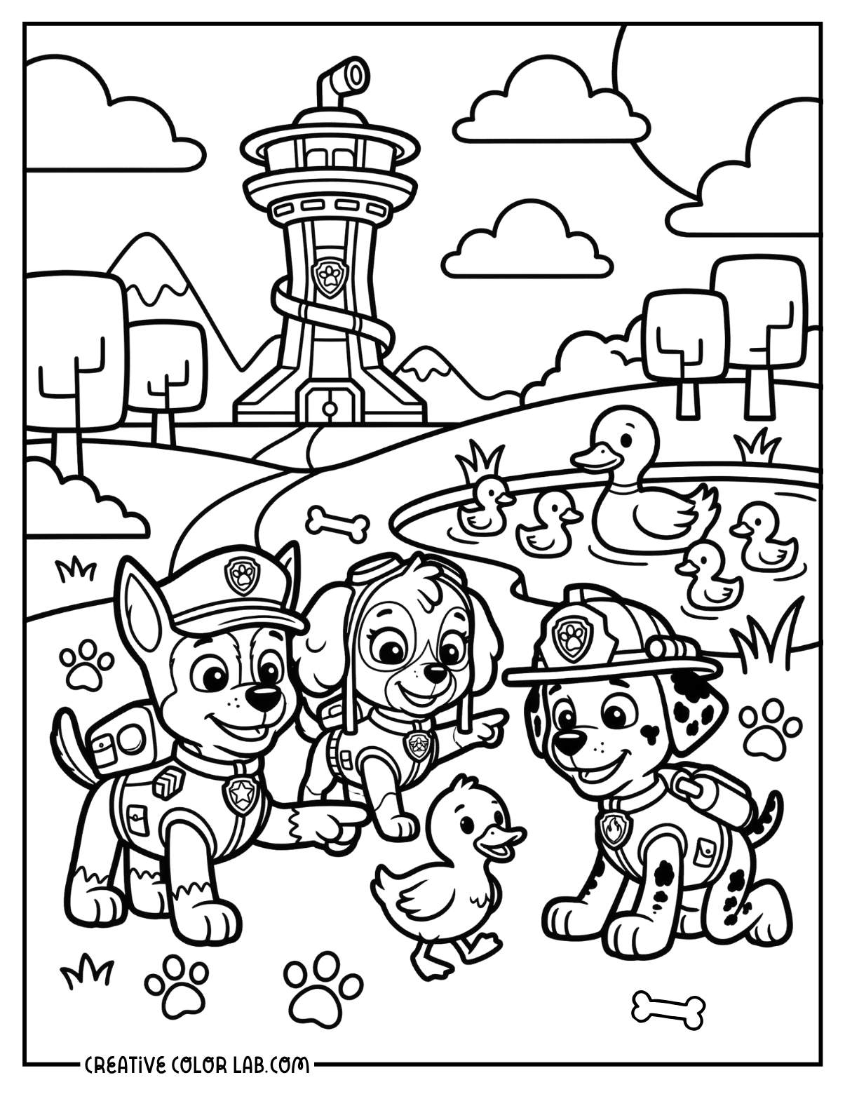 Chase, Skye, and Marshall helping ducklings near a pond coloring page.