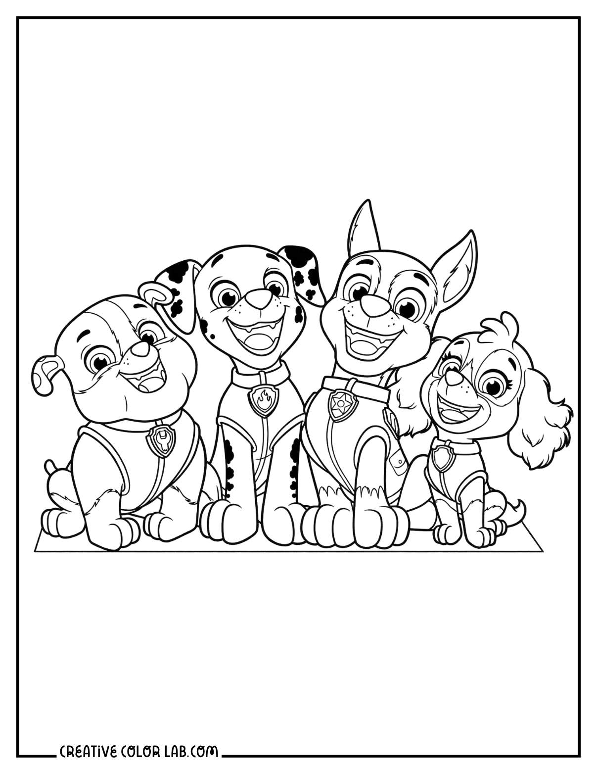 Rubble, Marshall, Chase, and Skye group picture Paw Patrol coloring page.