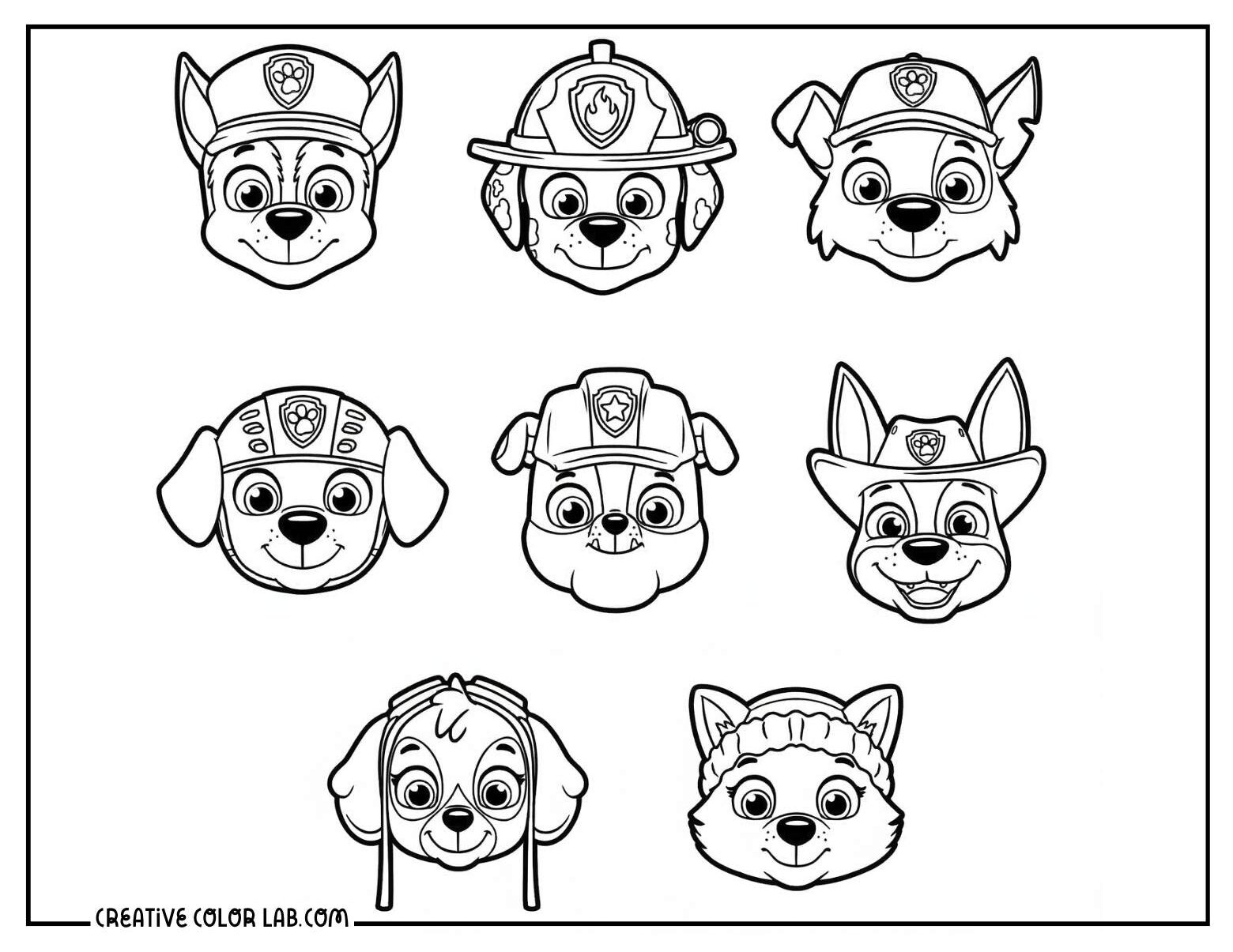 Collection of eight Paw Patrol pup head portraits coloring sheet.