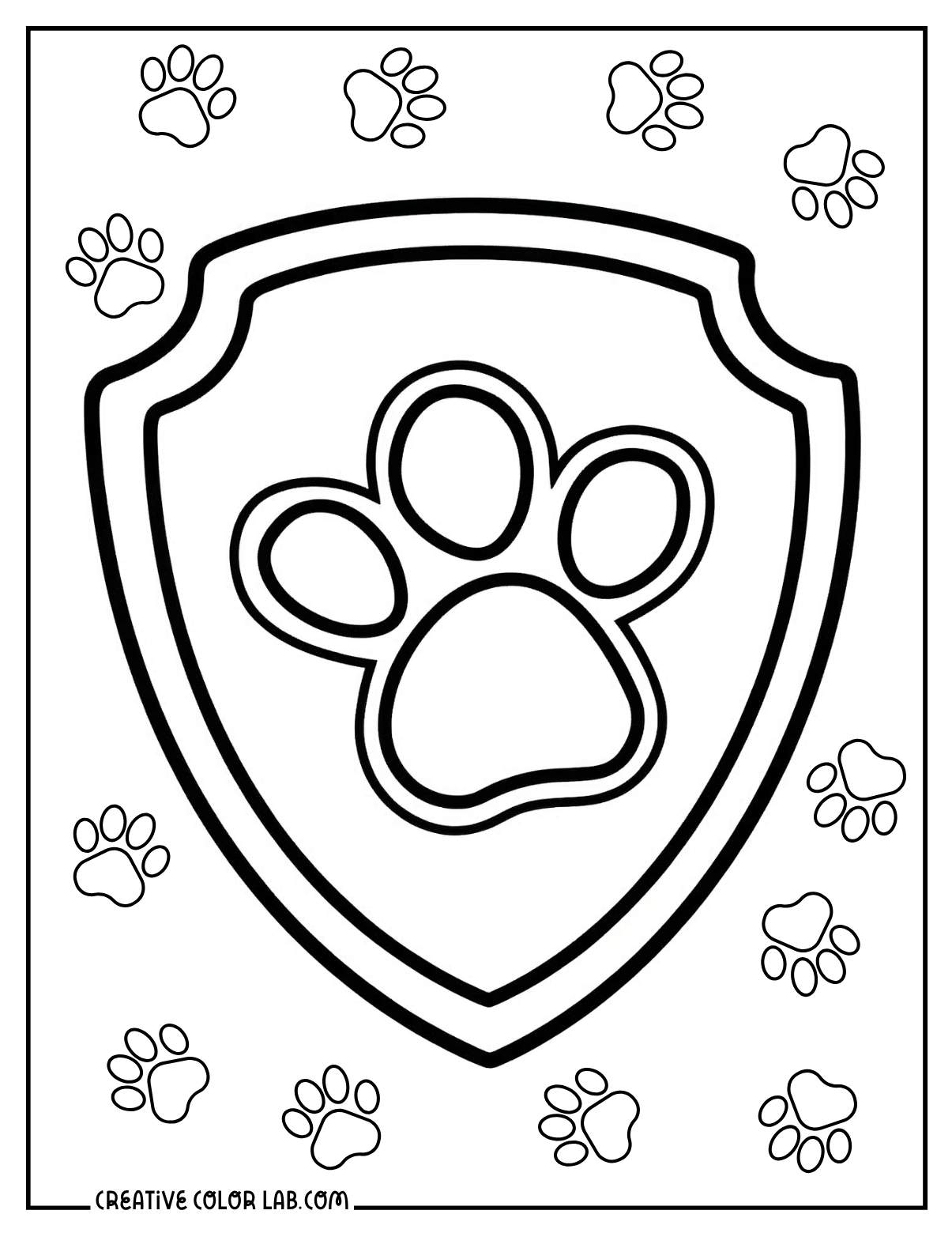 Paw Patrol shield badge with paw print logo line art coloring page.