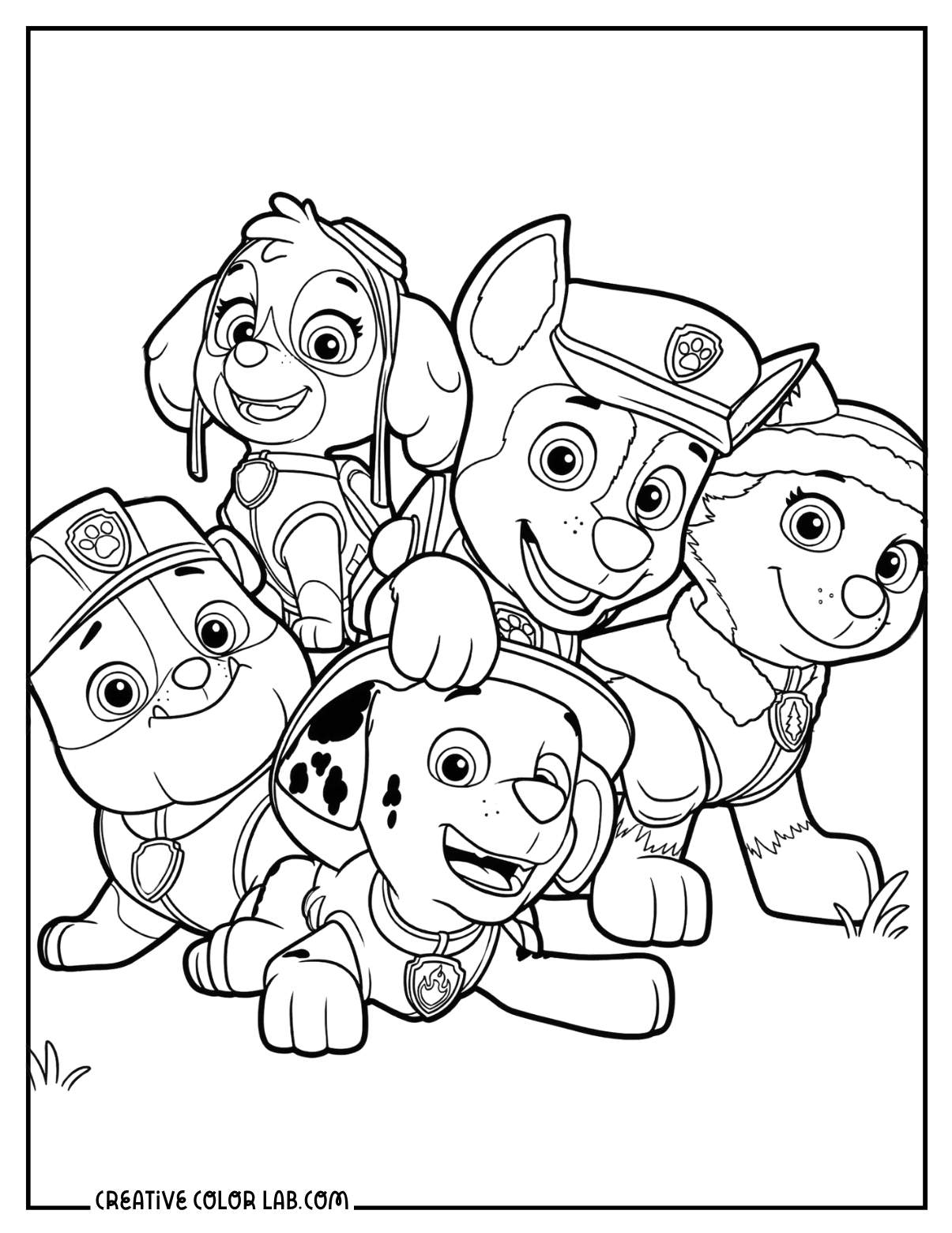 Close-up of happy Paw Patrol pups group coloring sheet.