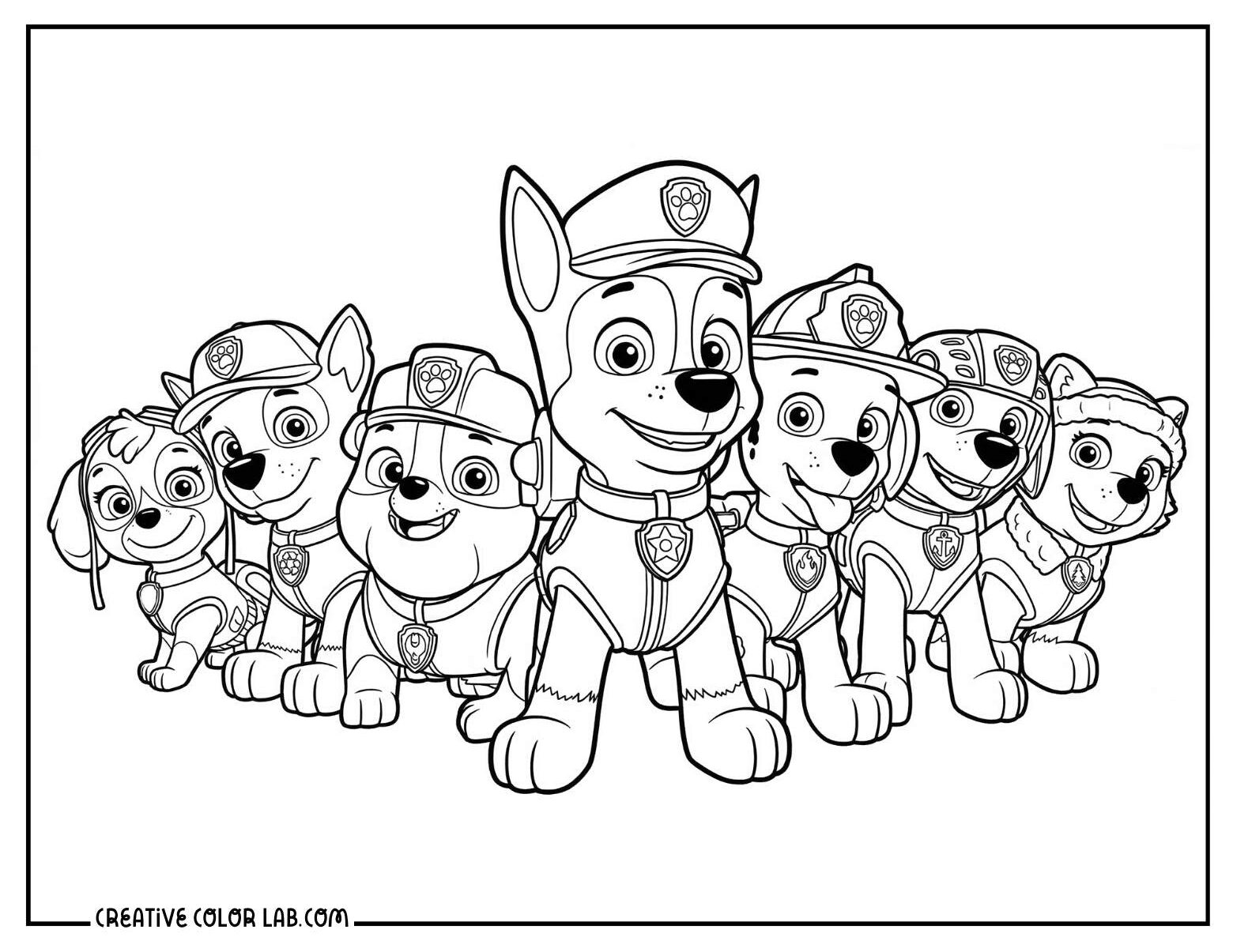 Full Paw Patrol team group coloring page with all the pups together.